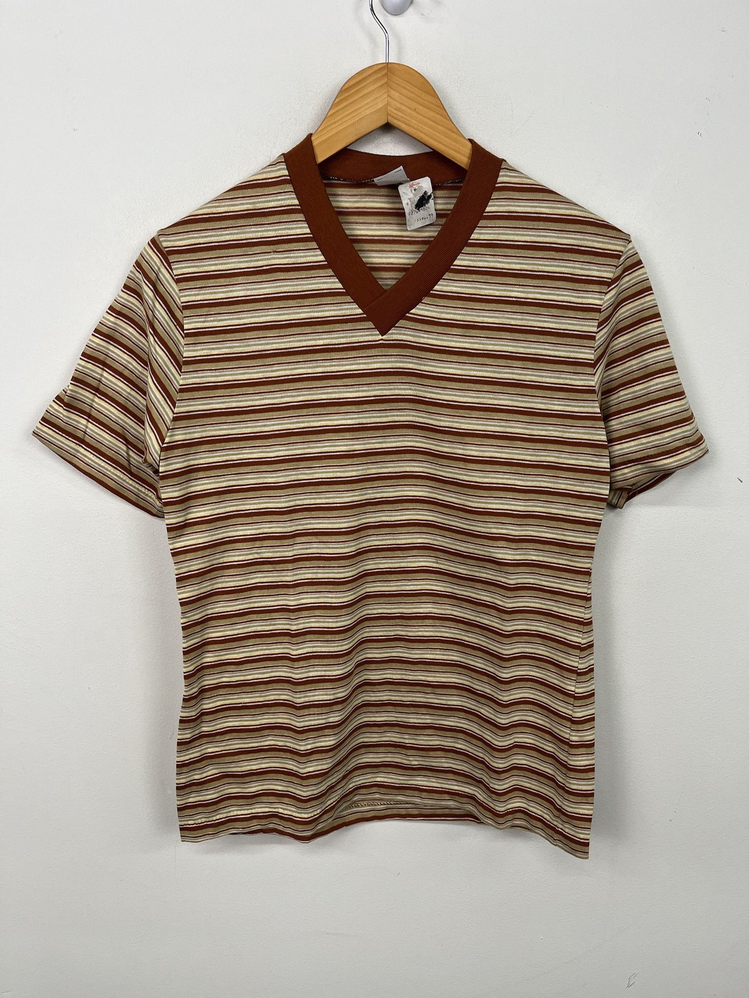 Vintage 80s Tee Shirt Deadstock Striped V Neck T shirt Size S