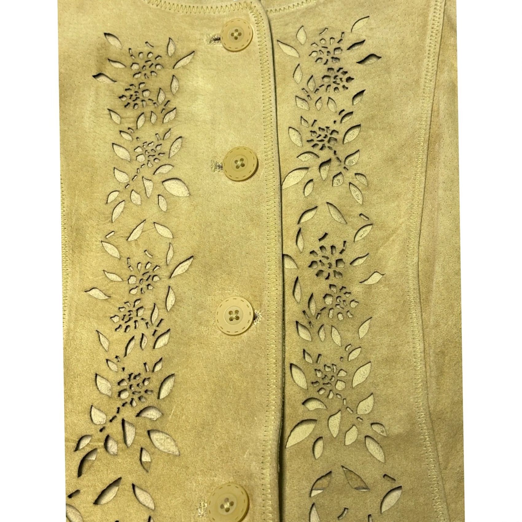 J. Jill VINTAGE J. Jill Womens XS Yellow Suede Leather Jacket Eyelet Floral Laser Cut Buttoned Short Sleeve Jacket Women XS Yellow Floral Eyelet Jacket Size XS / US 0-2 / IT 36-38 - 2 Thumbnail