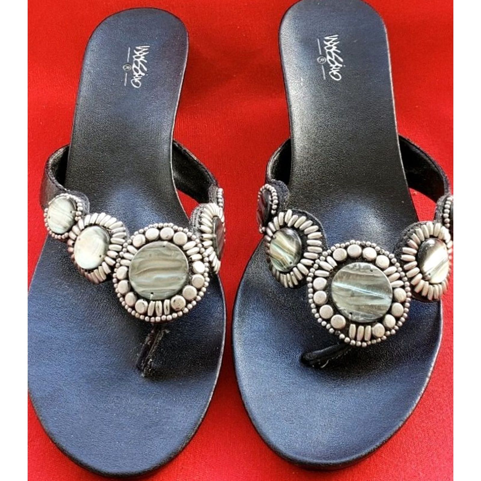Mossimo Mossimo Women's Wedge Slide Sandals Size 8M Dark Silver With Shell Adornments Sandal Slides Leather Manmade Casual Womens Size US 8 / IT 38 - 3 Thumbnail