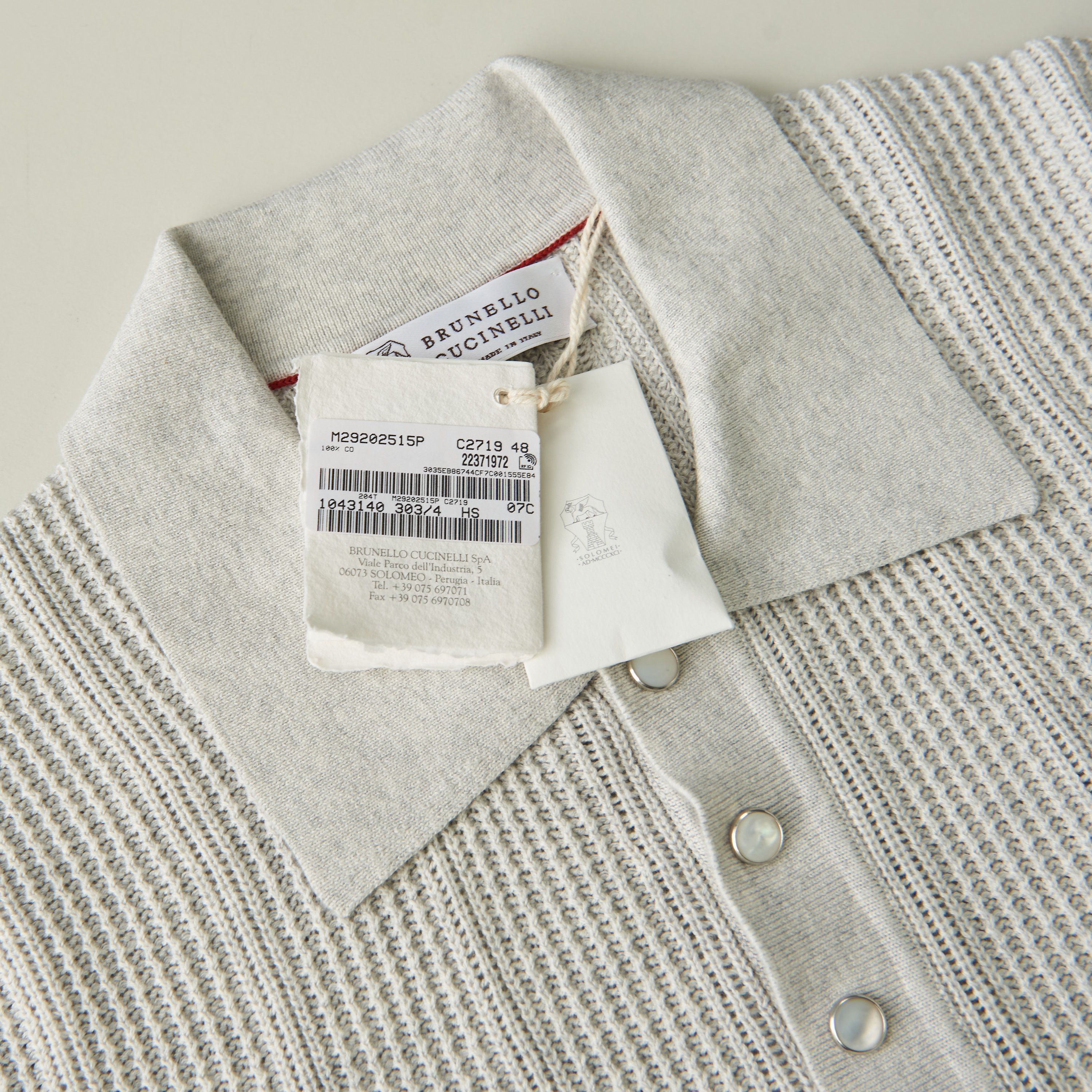 Brunello Cucinelli Textured Rib Knit Polo - Light Grey Cotton Size US XXL / EU 58 / 5 - 12 Thumbnail