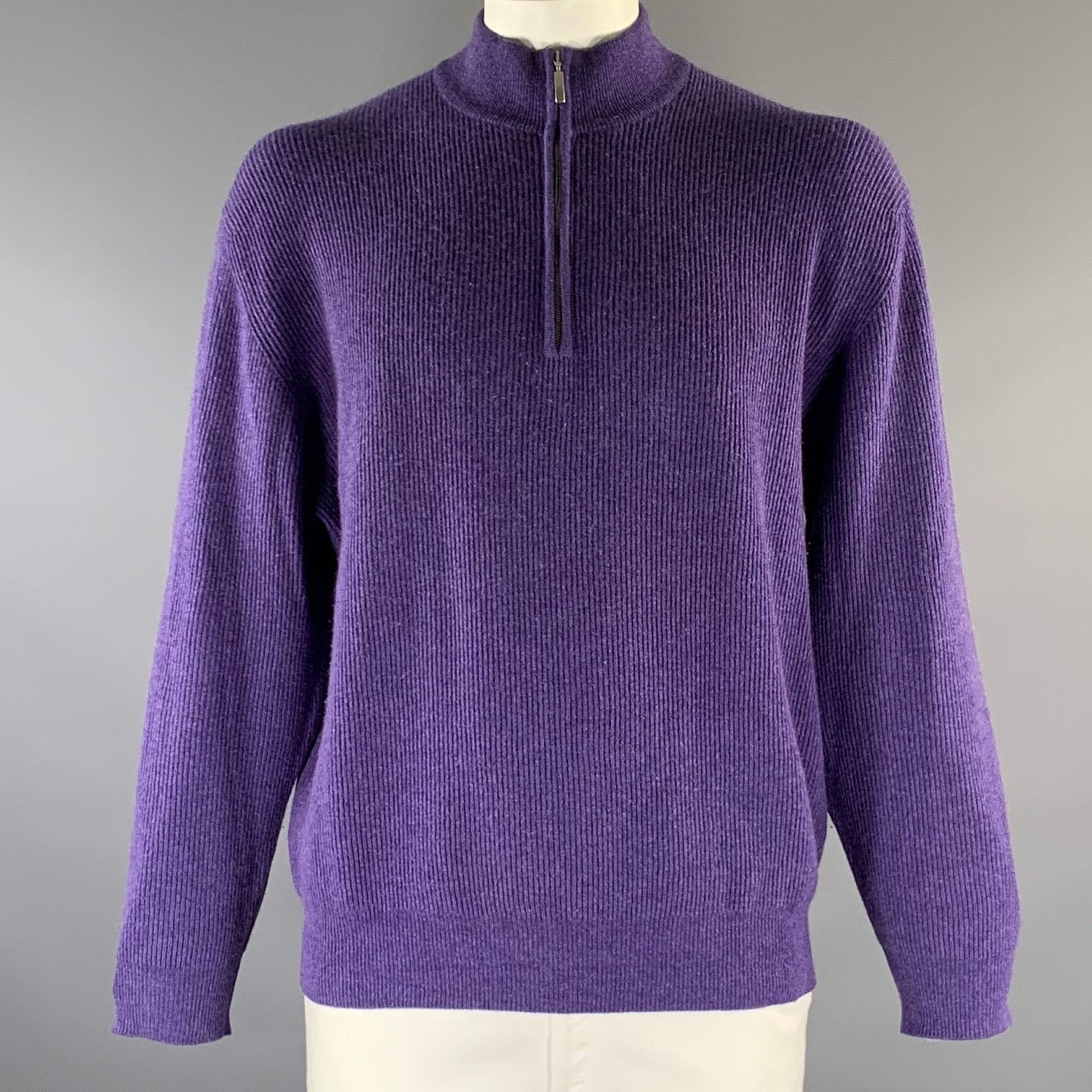 Wilkes Bashford XL Purple Olive Knit Cashmere 1/4 Zip Sweater Size US XL / EU 56 / 4 - 1 Thumbnail