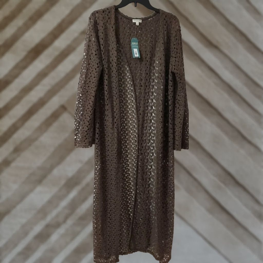 Vintage VINTAGE Earthbound Trading Co Brown Crochet Cover-up Cardigan Long Sleeve Open Knit Lightweight Bohemian All Seasons Casual Womens Large L Brown Size L / US 10 / IT 46 - 1 Thumbnail