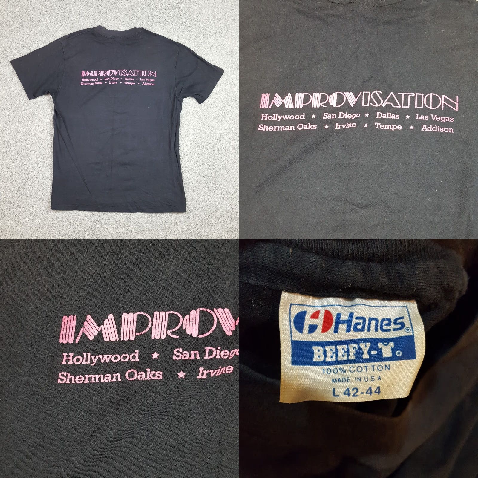 Hanes VINTAGE Hanes 90s Improv Comedy T-Shirt Adult Large Black Faded Retro Grunge Mens Size US L / EU 52-54 / 3 - 8 Thumbnail