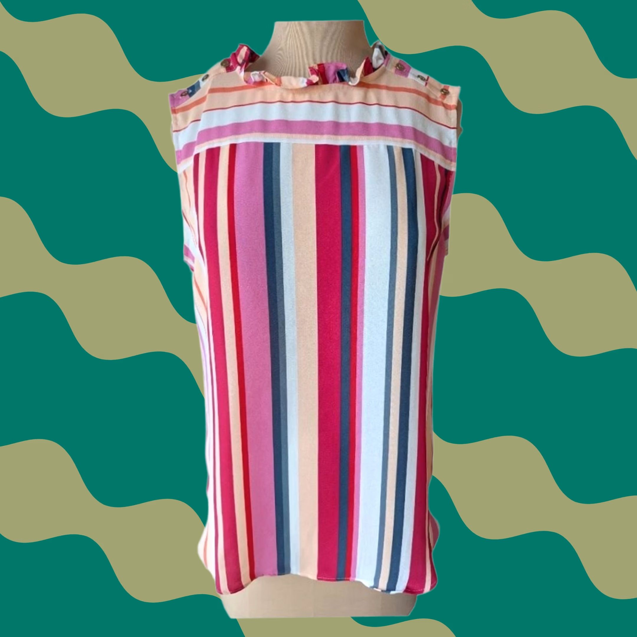 Loft LOFT Blouse Sleeveless Multicolor Stripe Ruffle Neck Womens M Office casual retro Size M / US 6-8 / IT 42-44 - 1 Thumbnail