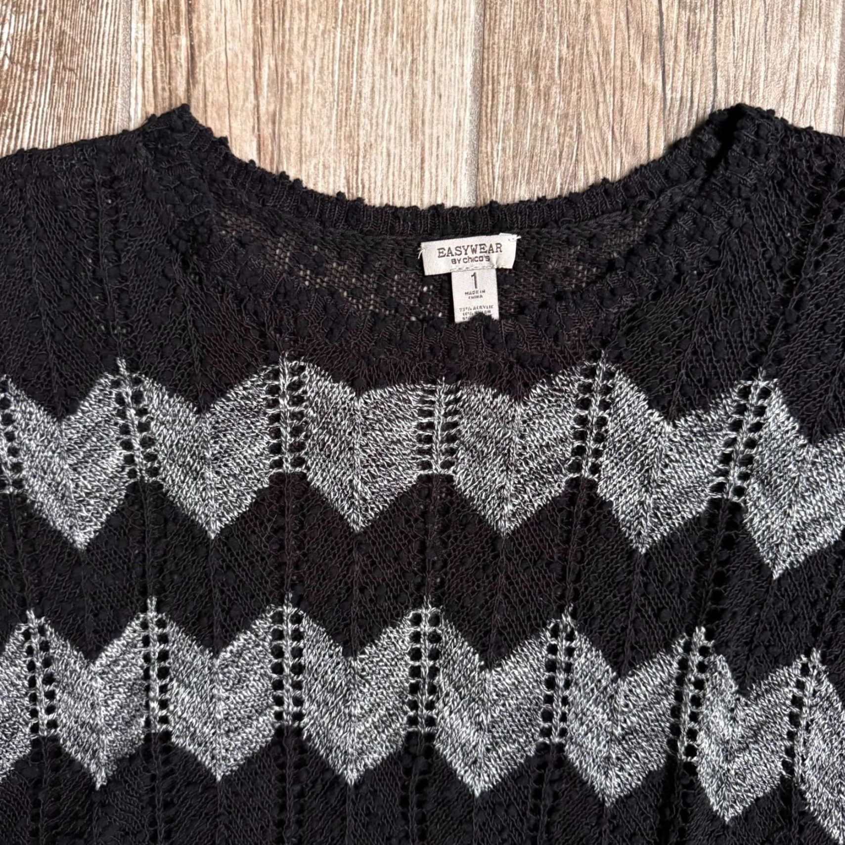 Vintage Chicos Open Knit Sweater Womens Chevron Black Gray Textured Oversized Boxy Goth Shirt Pullover Knit Open-Knit M Black Womens 1990s Size M / US 6-8 / IT 42-44 - 4 Thumbnail