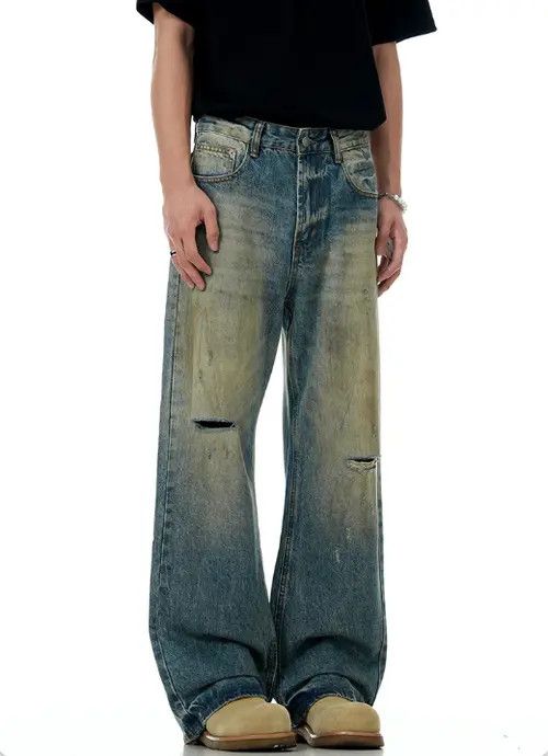 Japanese Brand Men's loose all-match straight wide-leg ripped jeans Size US 34 / EU 50 - 4 Thumbnail