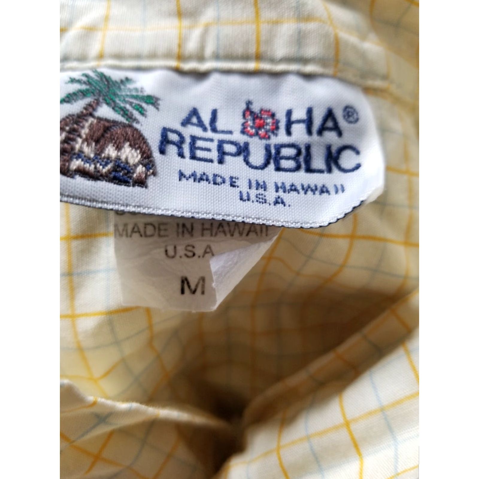 ALOHAS VINTAGE Aloha Republic Mens Hawaiian Shirt Plaid Surf Boards T M Yellow Cotton Button-Up Short Sleeve Collared Ship Size US M / EU 48-50 / 2 - 3 Thumbnail