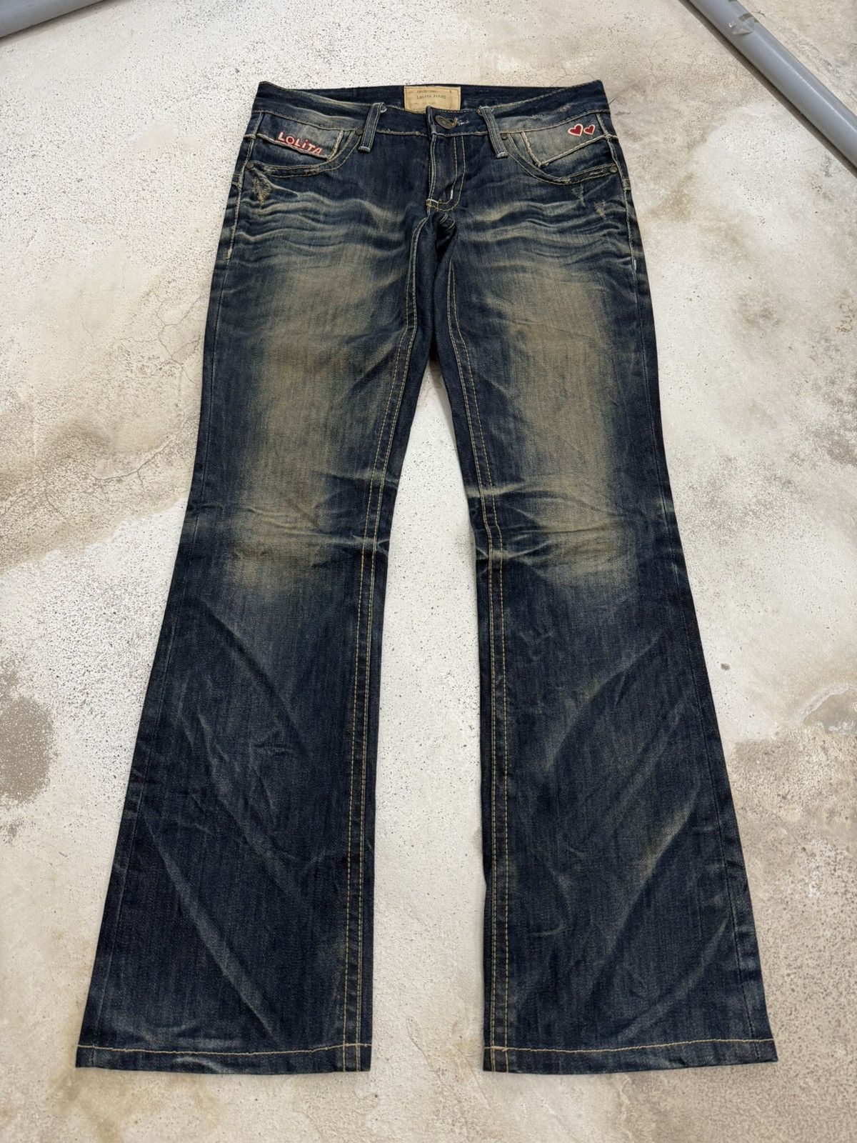 Japanese Brand Lolita Dark Mudwash Whisker Embroidery Flare Denim Pants Size US 27 - 1 Thumbnail
