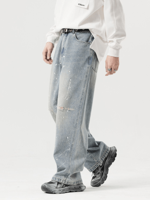 Japanese Brand Vintage distressed ink-splashed straight ripped jeans Size US 32 / EU 48 - 2 Thumbnail