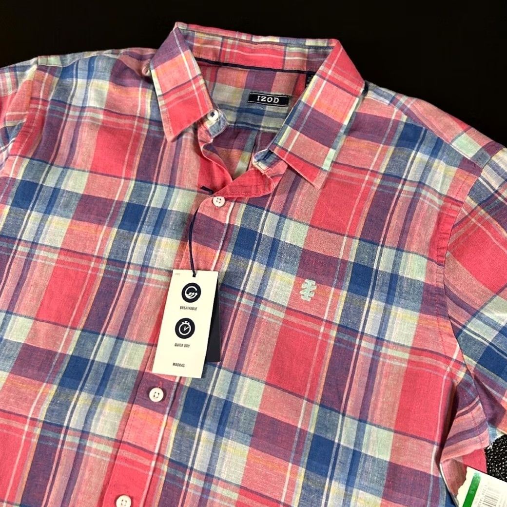 Izod IZOD Madras Plaid Shirt Breathable Quick Dry Linen Button Up Pink Blue Men Large Size US L / EU 52-54 / 3 - 2 Thumbnail