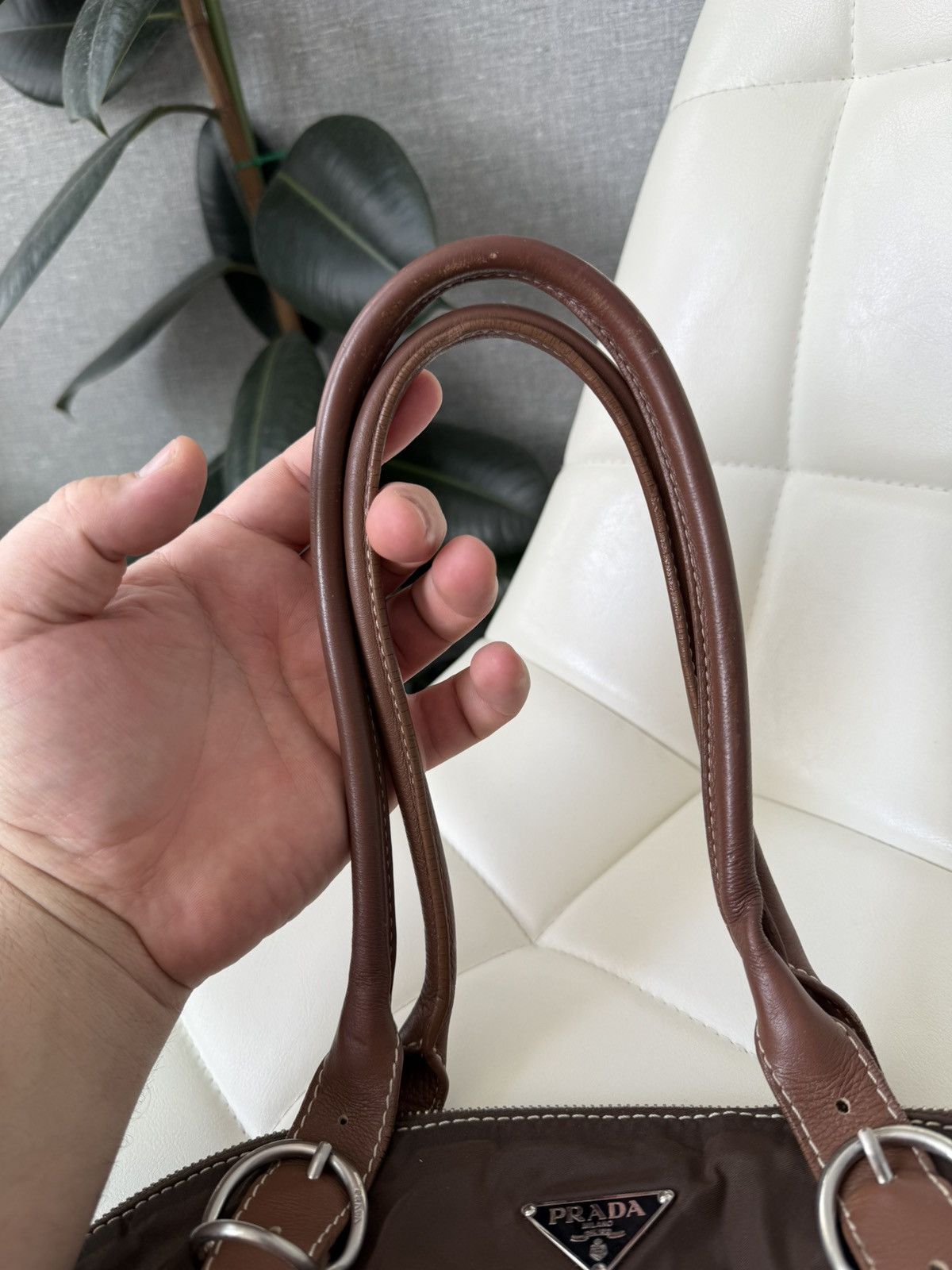 Prada Vintage 00s Prada Triangle Logo Nylon & Leather Brown Bag Size ONE SIZE - 12 Thumbnail
