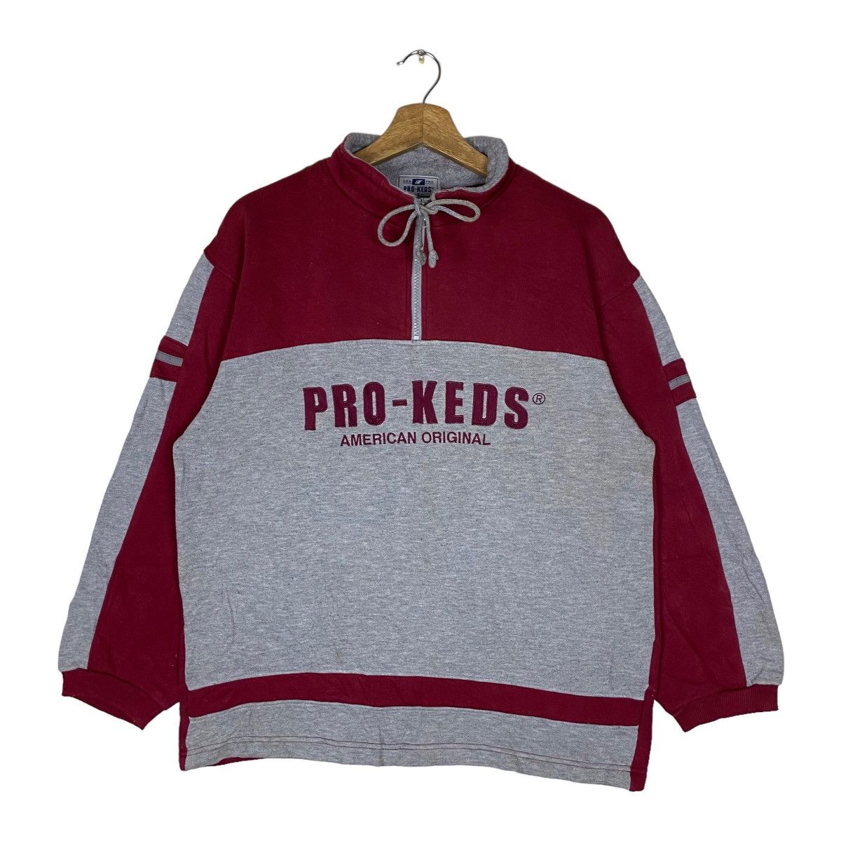 image of Pro Keds Vintage Pro-Keds Quarter Zip With Drawstring Neck Spell Out in Grey/Maroon (Size Medium)