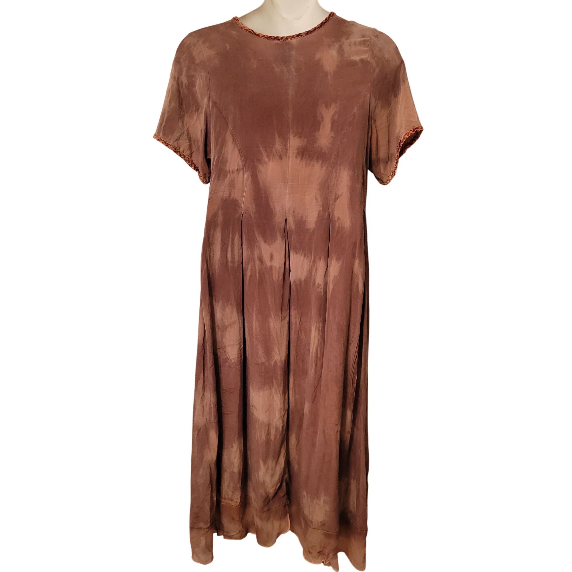 Uru URU Tie Dye 2 Brown Short Sleeve Silk Maxi Dress Braided Tri Size ONE SIZE - 4 Thumbnail