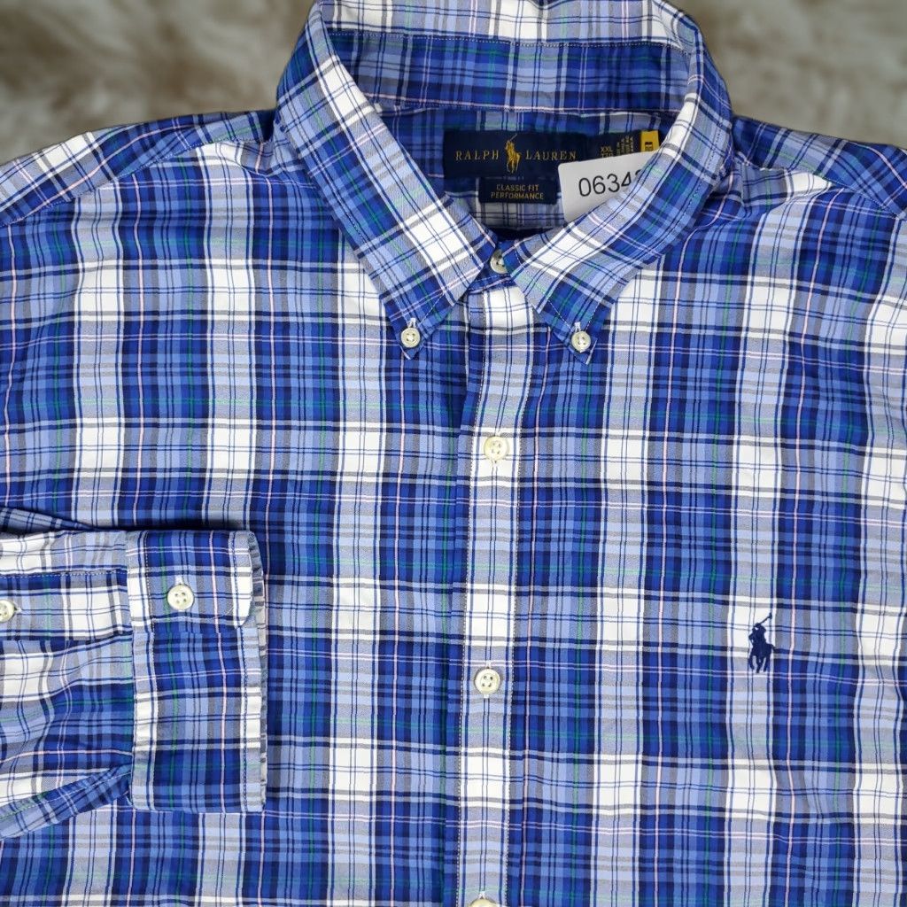 Ralph Lauren Shirt Mens 2XL Blue Plaid Nylon Button-Up Long Sleeve Modern Classic Casual Business Workwear