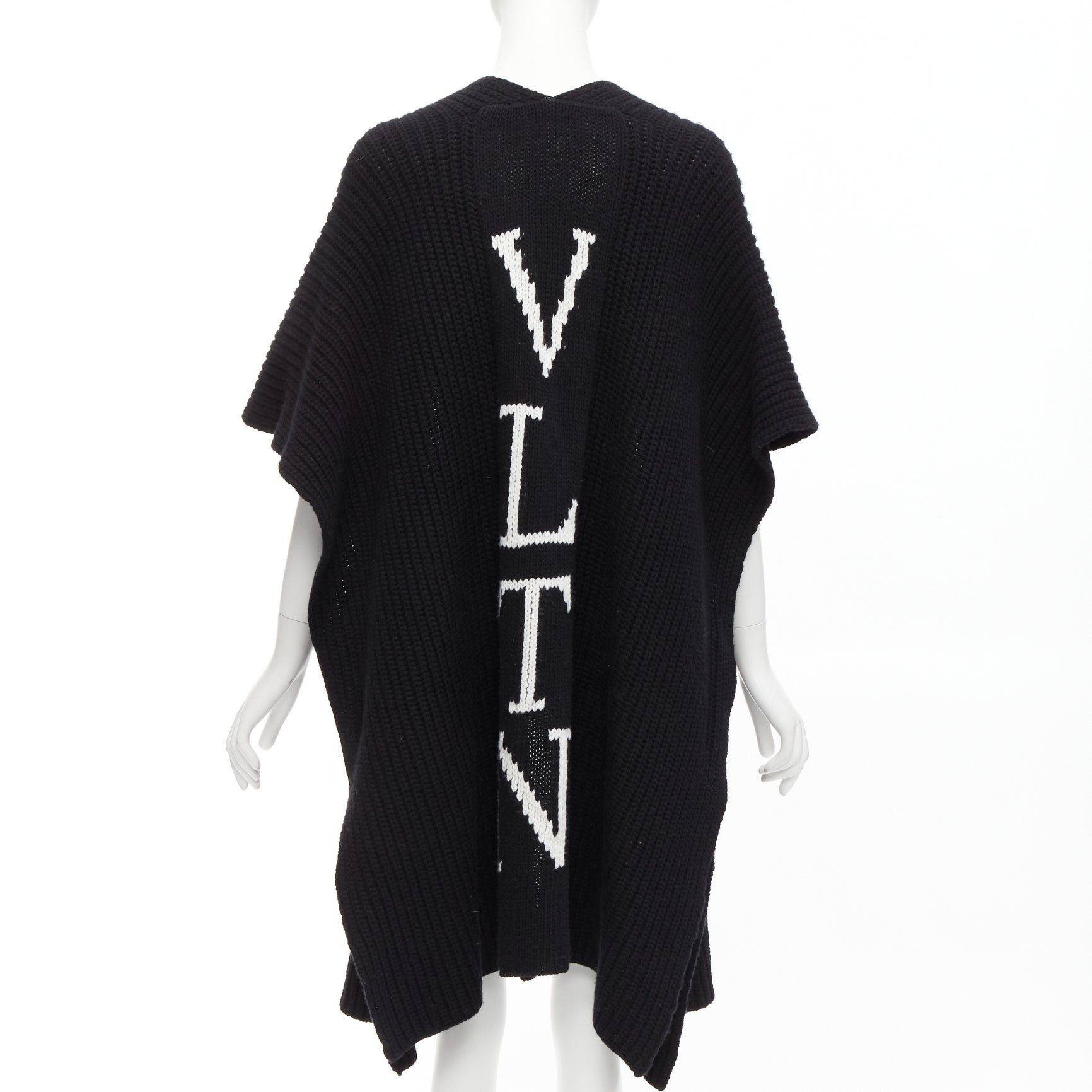 Valentino VALENTINO VLTN black 100% virgin wool logo back poncho cardigan M Size M / US 6-8 / IT 42-44 - 1 Thumbnail