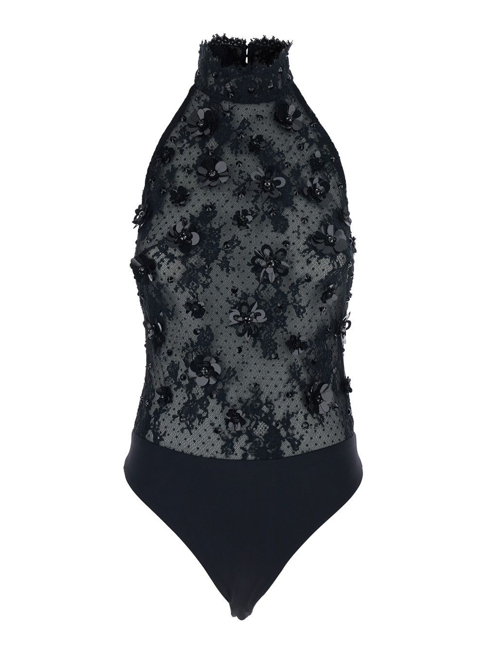 Retrofete Black Bodysuit with Halterneck and All-Over Floral Embroidery in Tech Fabric Woman Size L / US 10 / IT 46 - 1 Thumbnail