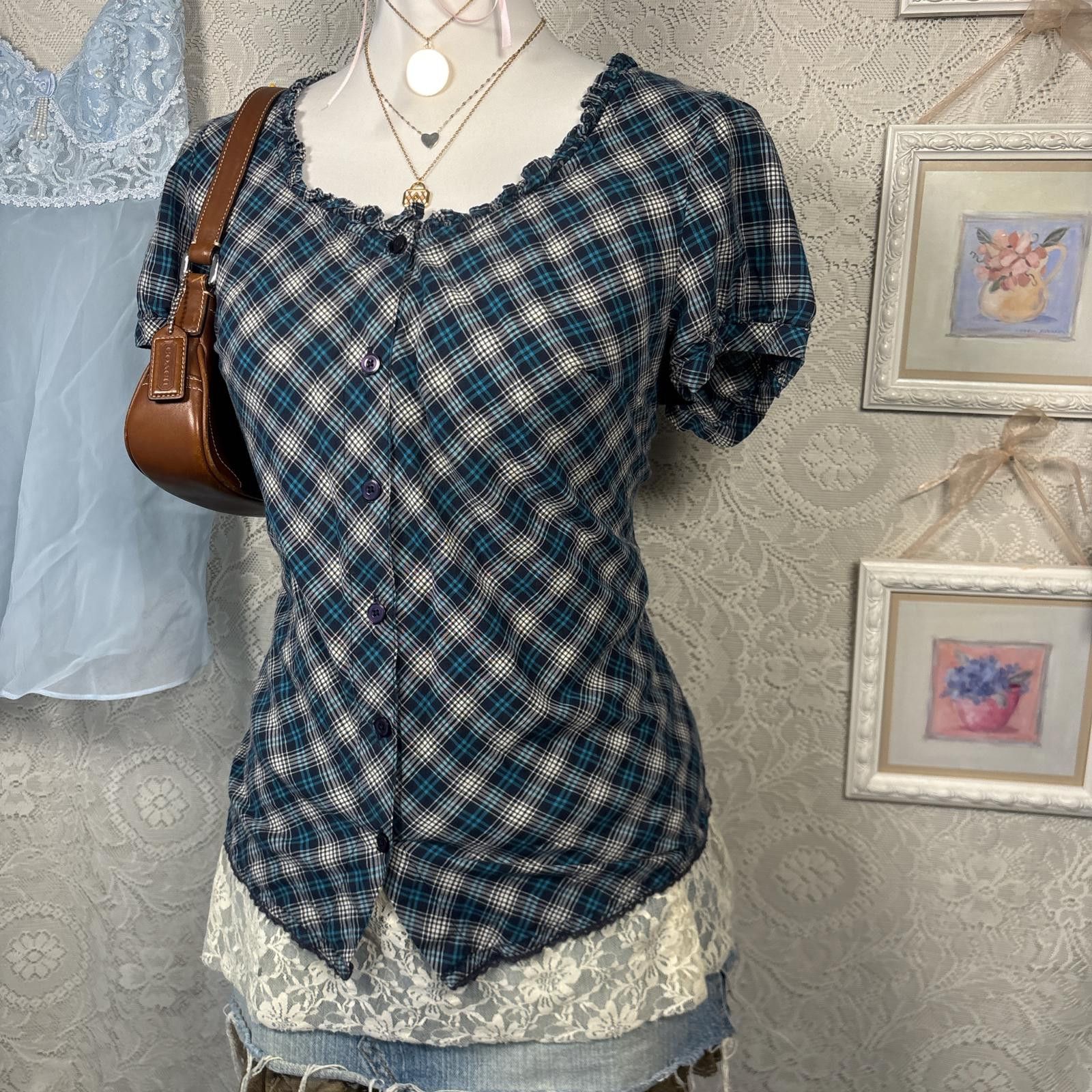 St. Johns Bay vintage ruffle plaid milk maid blouse top Size M / US 6-8 / IT 42-44 - 3 Thumbnail