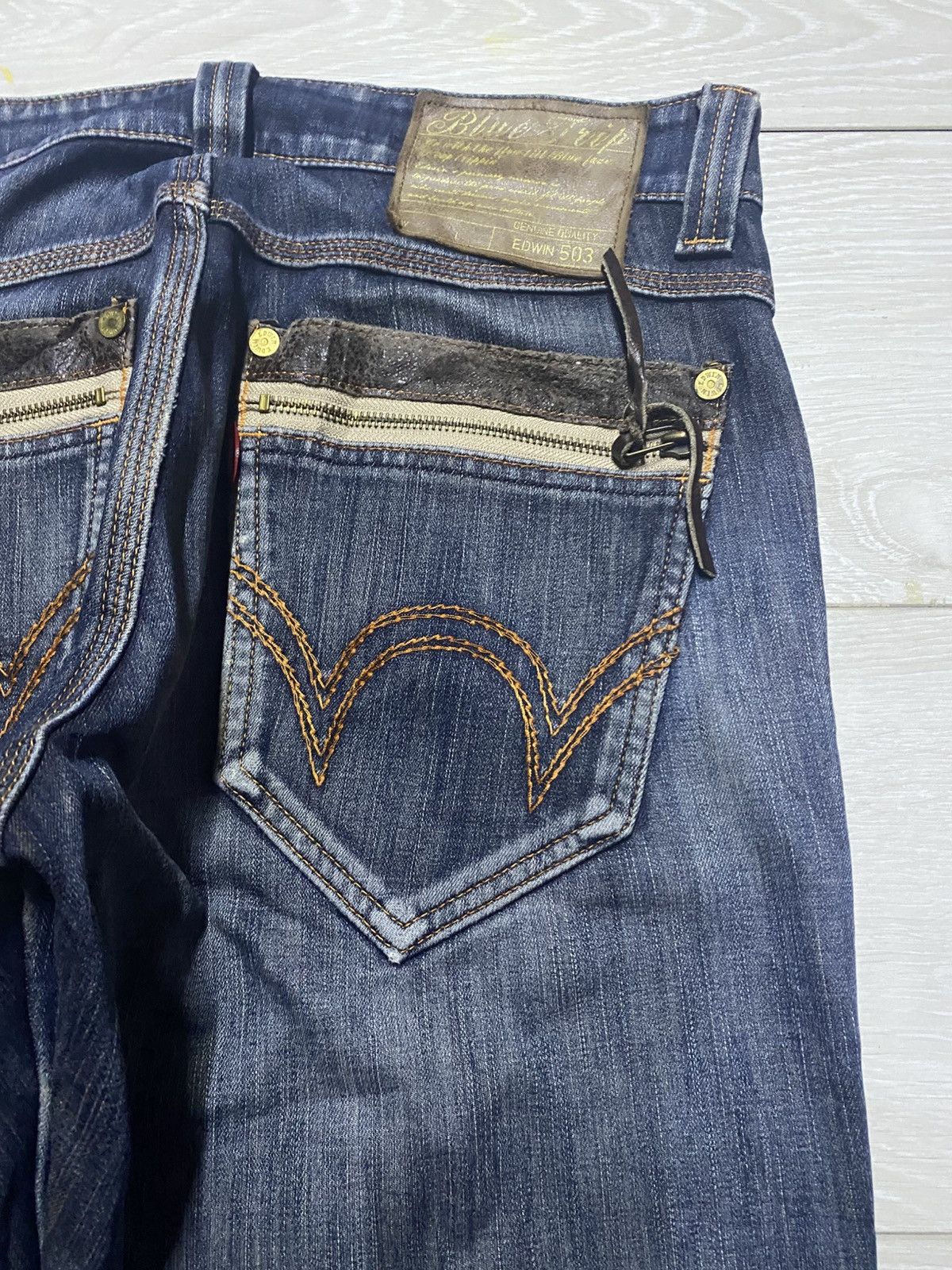 Junya Watanabe Vintage Edwin 503 Blue Trip Whisker Little Bootcut Jeans Size US 33 - 8 Thumbnail