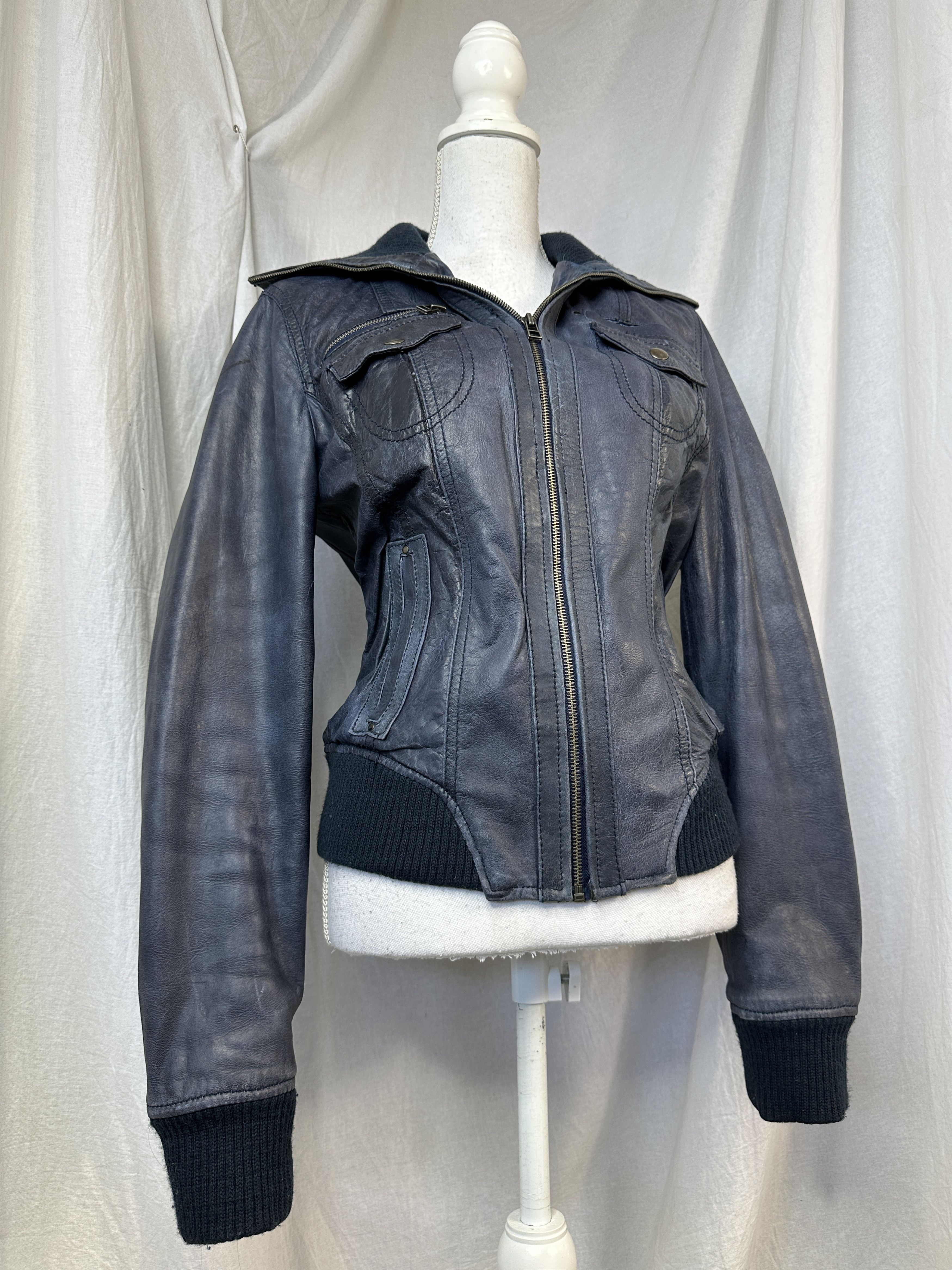 Vintage Vintage Biker Moto Big Collar Faded Navy Blue Leather Jacket Size US M / EU 48-50 / 2 - 4 Thumbnail