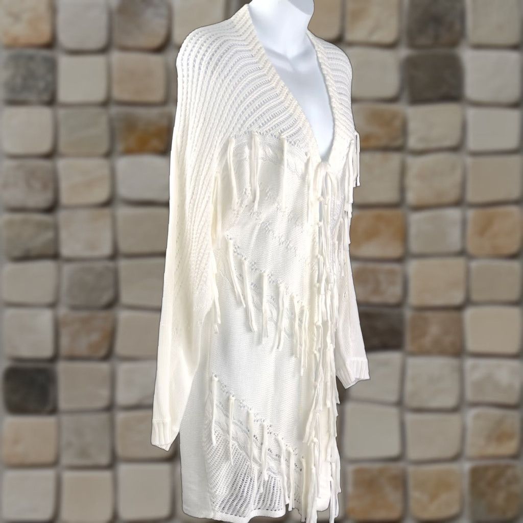 Vintage NY & Co Fringe Cardigan Sweater S Ivory Crochet Accents Long Sleeve Size S / US 4 / IT 40 - 1 Thumbnail