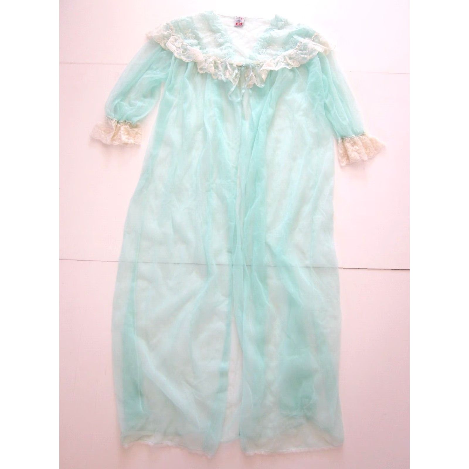 Vintage Vintage BB Teal Blue Ivory Lace Victorian Romantic Lingerie Long Robe Large BB Womens Robe XL Blue Lace Holiday Vintage Size ONE SIZE - 2 Thumbnail