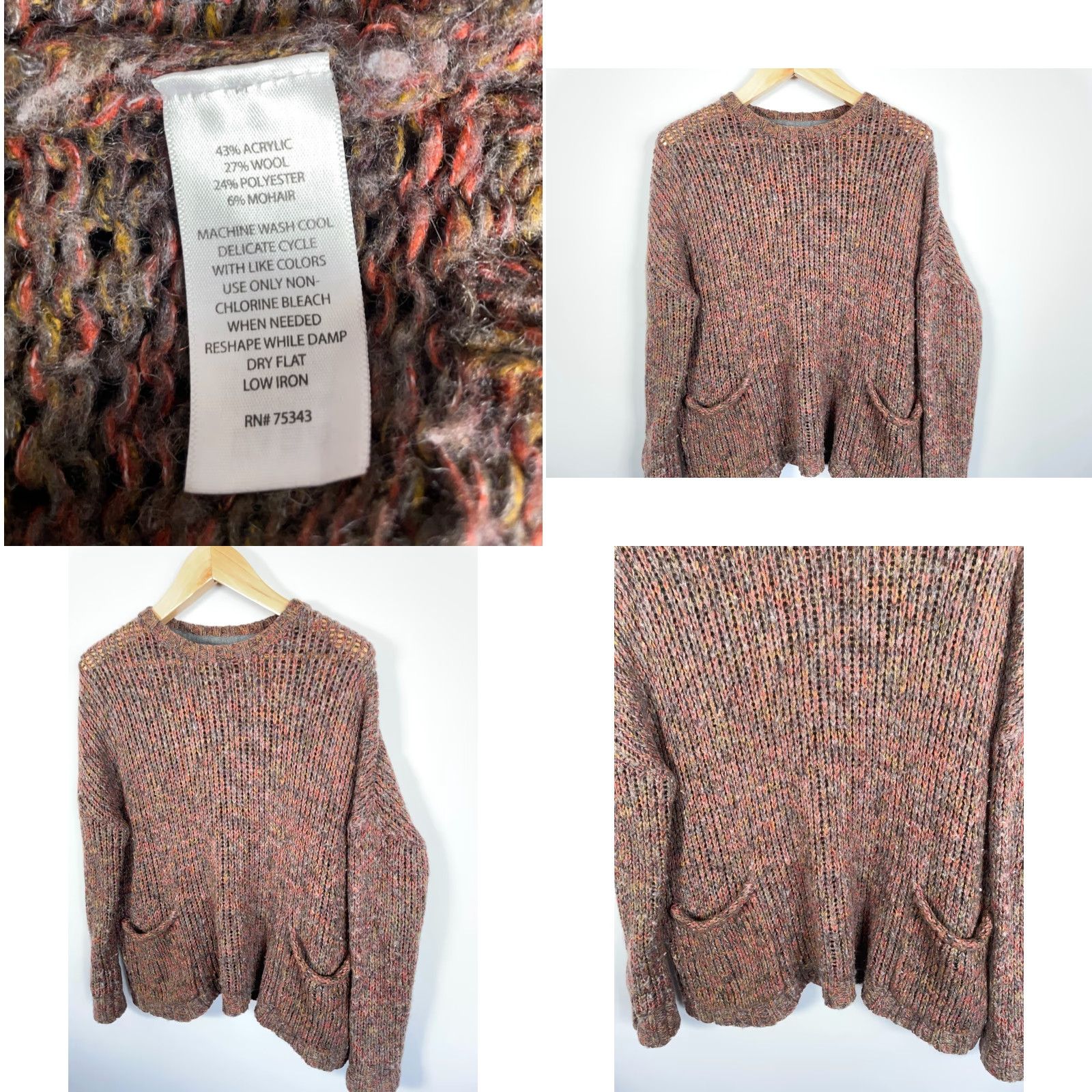 Vintage Wool Mohair Blend Sweater Women's Large Brown Open Knit Pullover Hand Pockets Size L / US 10 / IT 46 - 8 Thumbnail