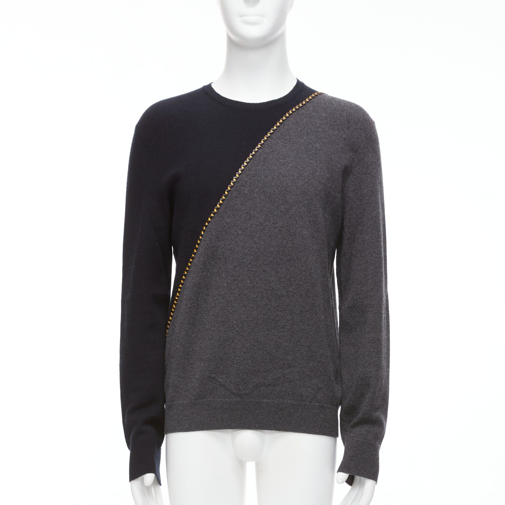Berluti BERLUTI grey black yellow lambskin leather stitch wool cashmere split sweater M Size US M / EU 48-50 / 2 - 1 Thumbnail