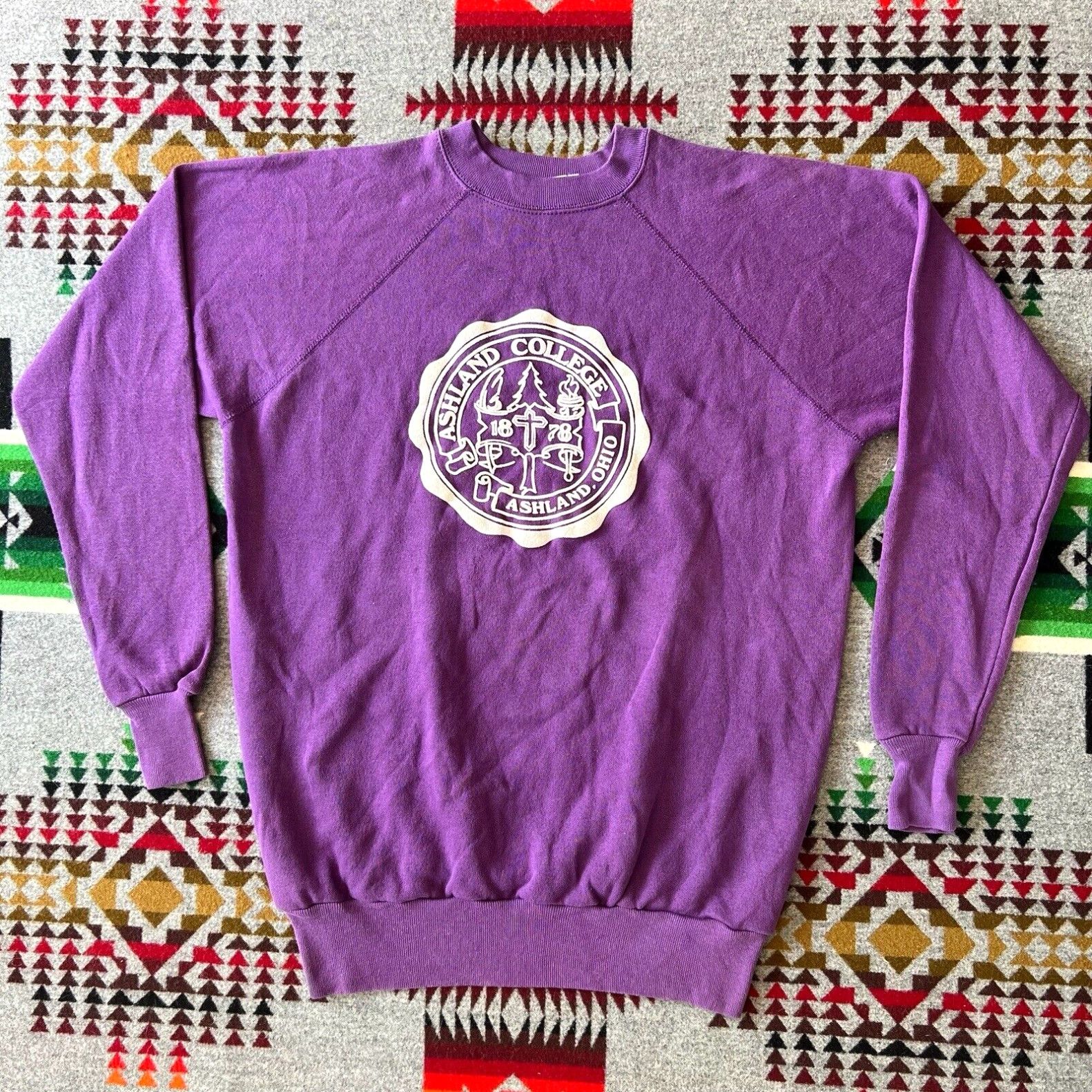 image of Vintage Ashland College Pullover Sweatshirt 70's Size XL Purple Usa Sportswear in White, Men's