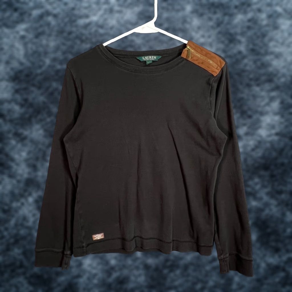 Ralph Lauren VINTAGE Lauren Ralph Lauren Black Long Sleeve Top W/ Brown Faux Suede Accents Large Womens Top L Black 90s/2000s Mens Womens? Size L / US 10 / IT 46 - 1 Thumbnail
