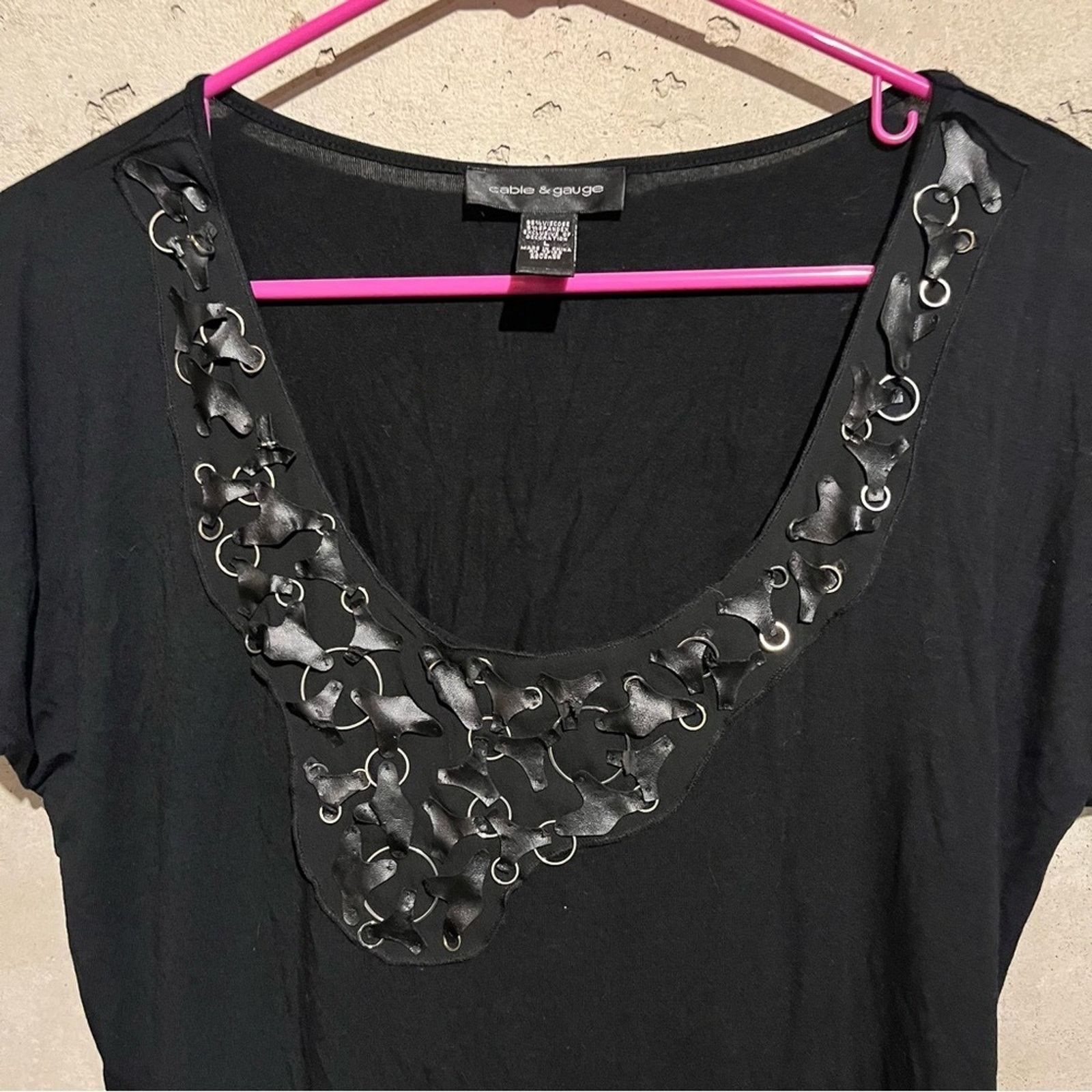 Other Cable & Gauge L Black Silver Ring Vneck Short Sleeve Top Size L / US 10 / IT 46 - 2 Thumbnail