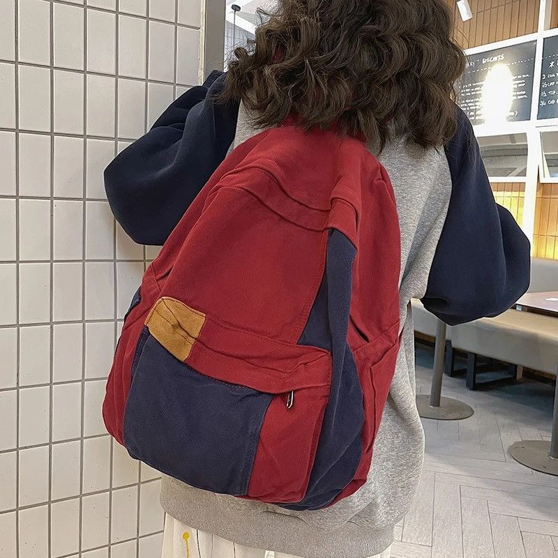 Japanese Brand Fashion patchwork canvas backpack aesthetic y2k school Size ONE SIZE - 1 Thumbnail