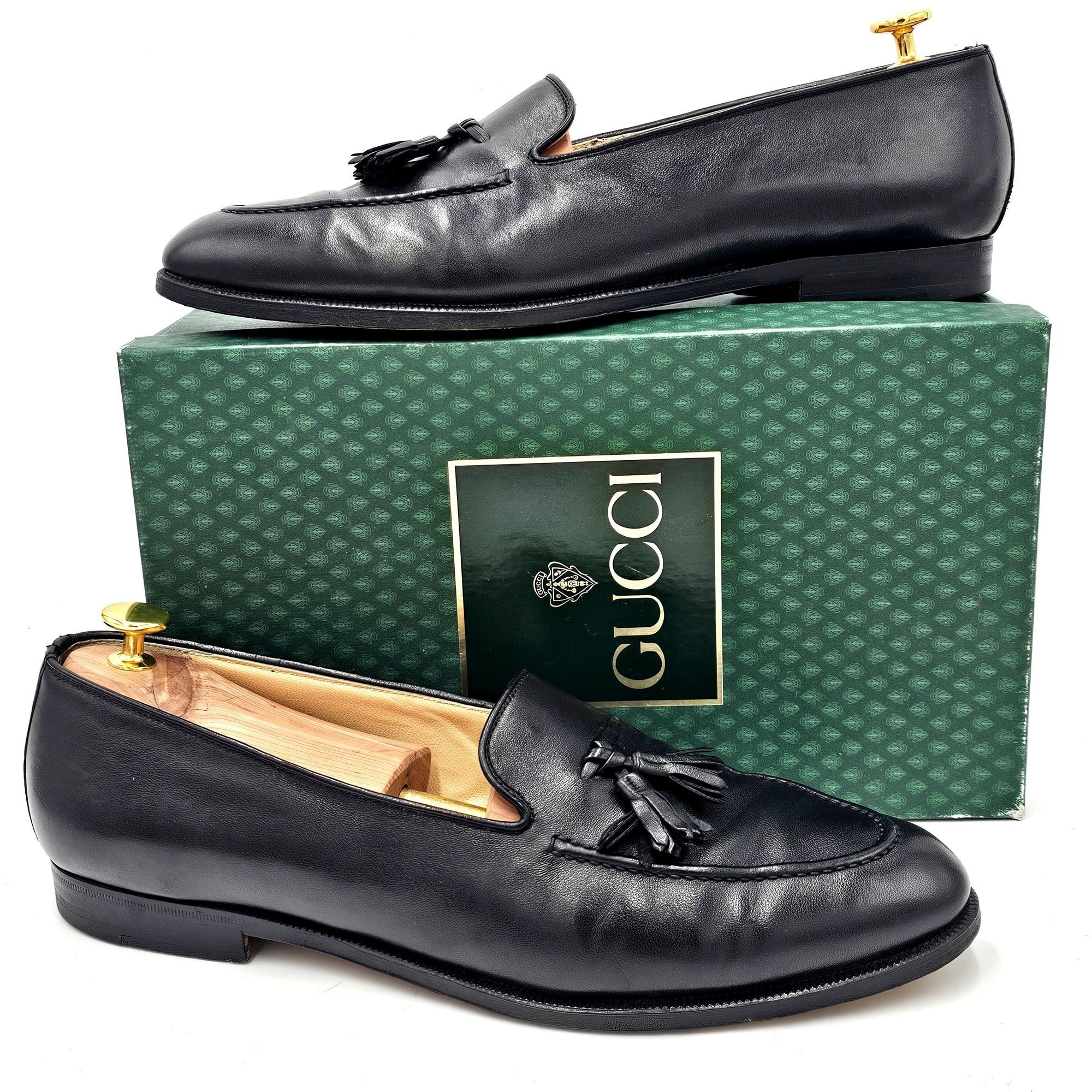 image of Vintage Italian Gucci Men 12D Black Nappa Leather Dress Shoe in Black Brown