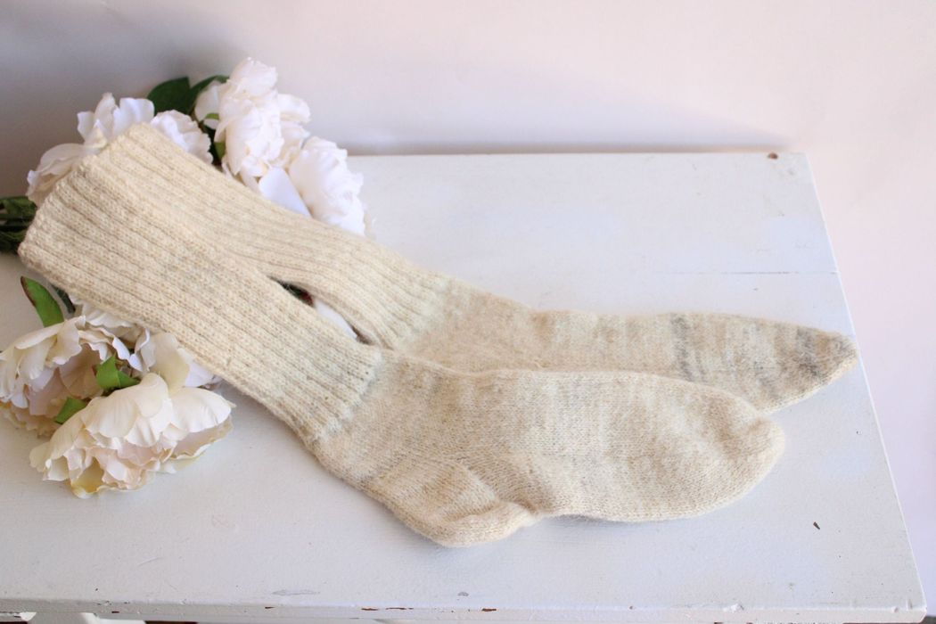 Vintage Vintage Wool Socks, Ivory Knit Knee High Hosiery, 11" Long F