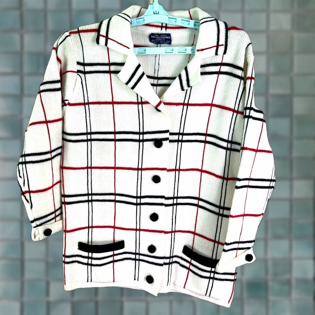 Vintage VINTAGE Hand Full Fashioned Checked Cardigan Sweater Womens M White/Blue Acrylic Long Sleeve Collared Relaxed Fit Size M / US 6-8 / IT 42-44 - 1 Thumbnail