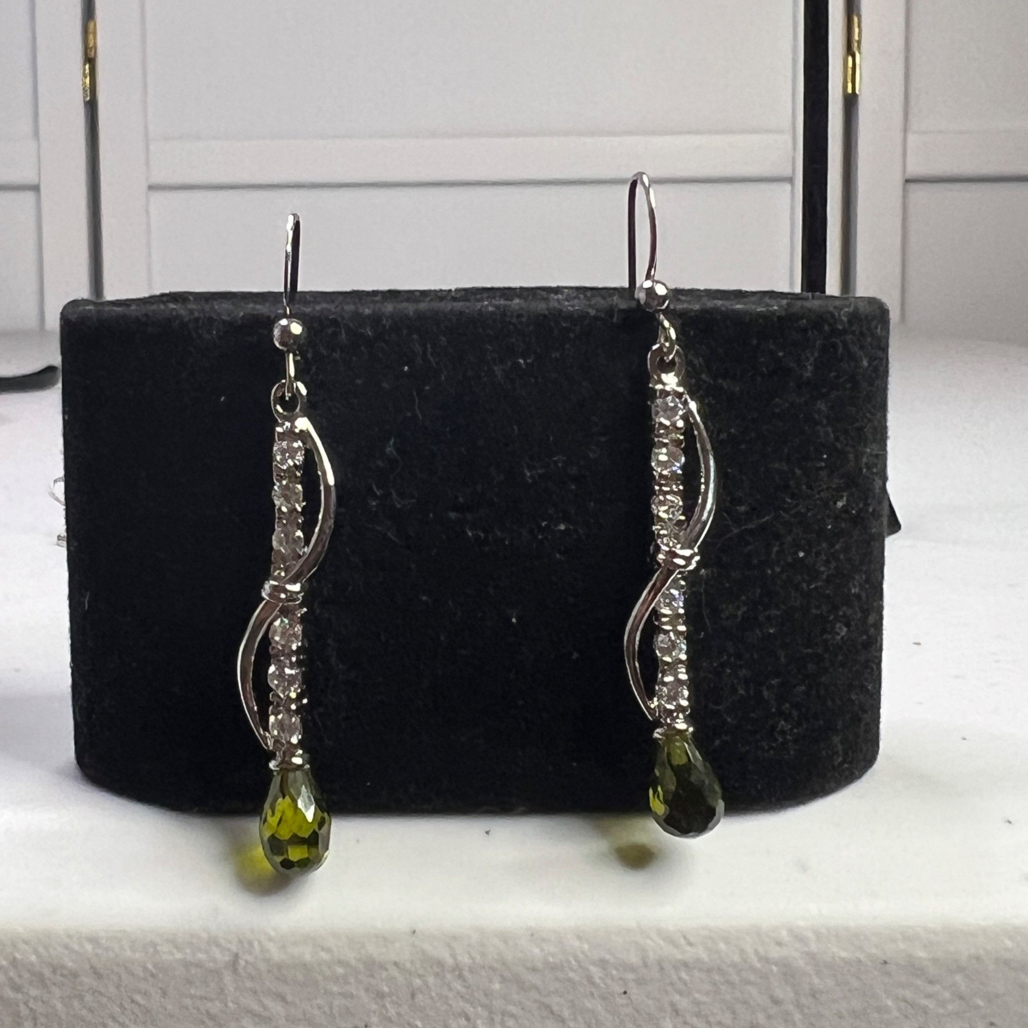 Designer Silver-Tone Drop Earrings With Green Teardrop & CZ Accents Size ONE SIZE - 3 Thumbnail