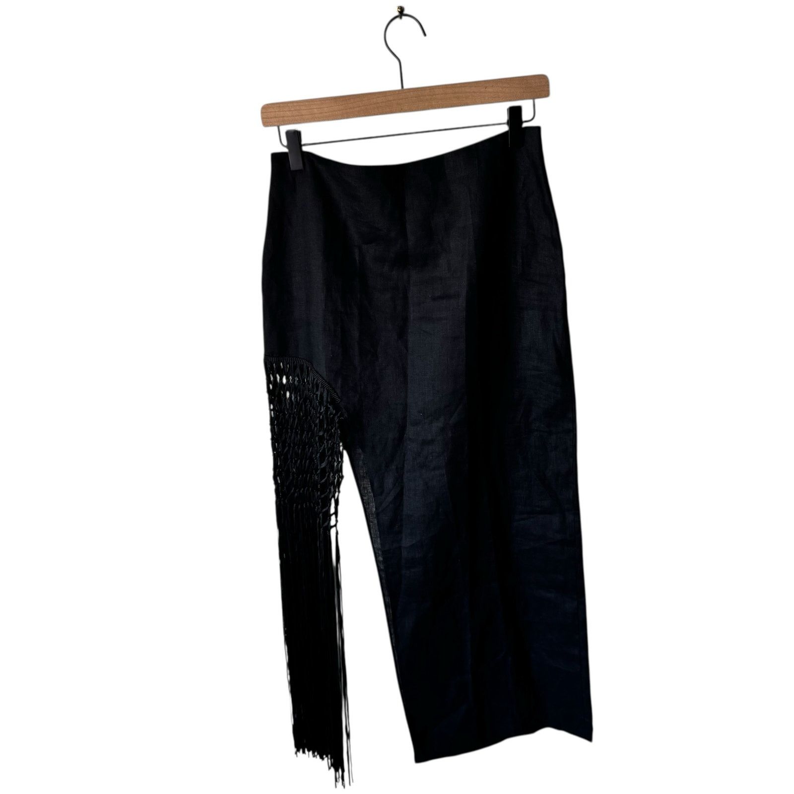 Zara ZARA High Rise Linen Macrame Fringe Midi Skirt Black Small Size 30" / US 8 / IT 44 - 1 Thumbnail