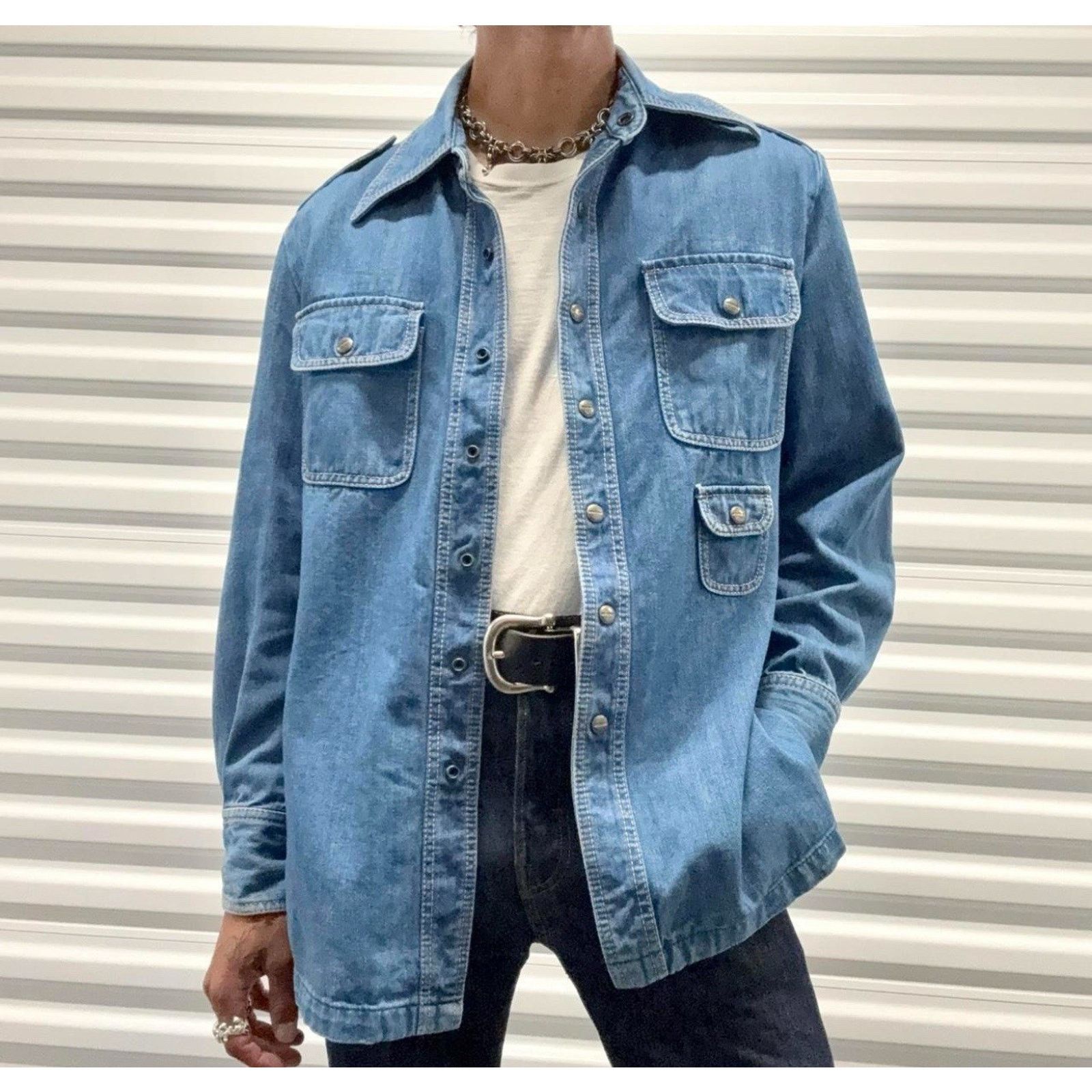 Vintage VTG Prime Time 70s Denim Snap Button Down Blue 42 US 10 Size US XS / EU 42 / 0 - 1 Thumbnail