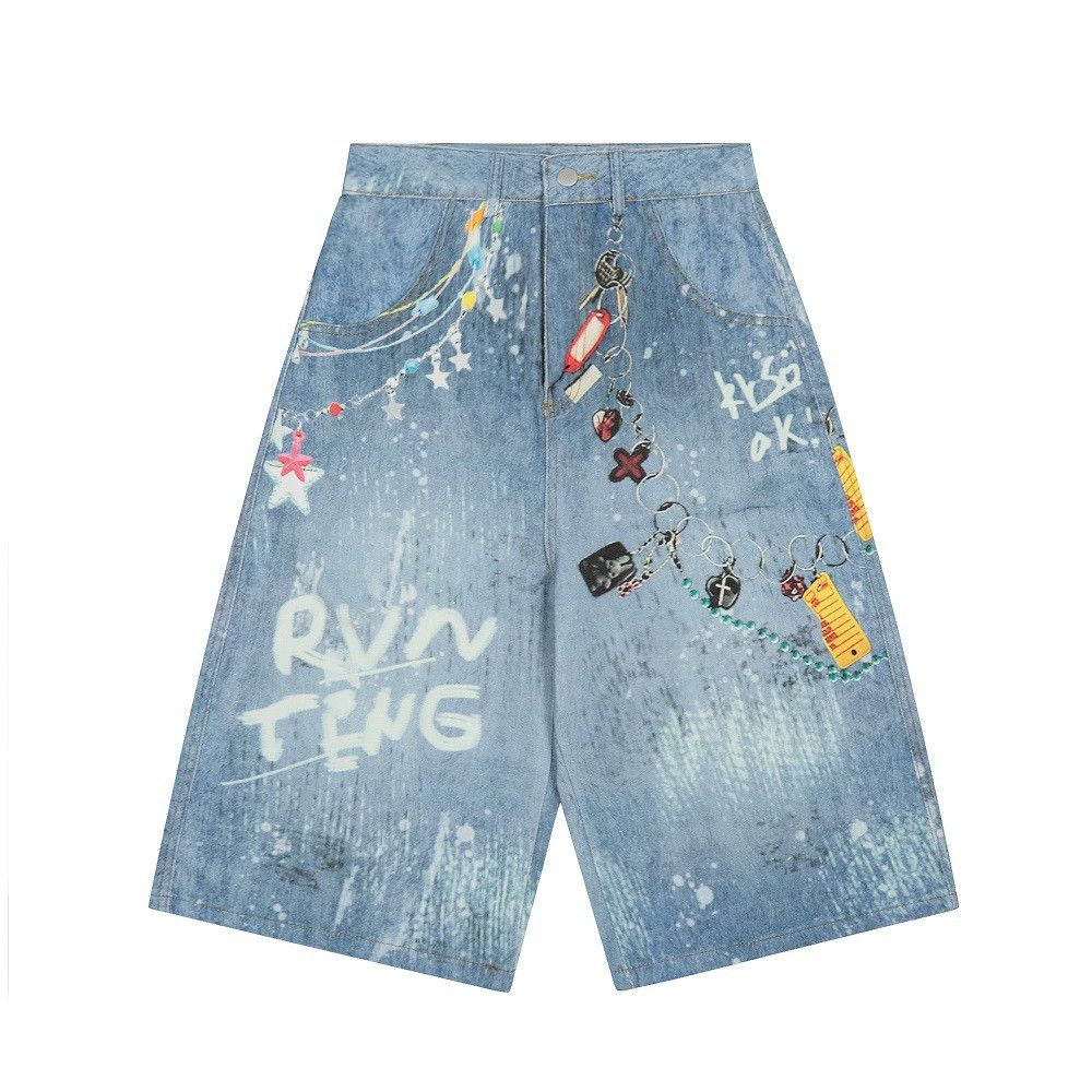 Jean American style digital printed chain men's denim shorts Size US 32 / EU 48 - 1 Thumbnail