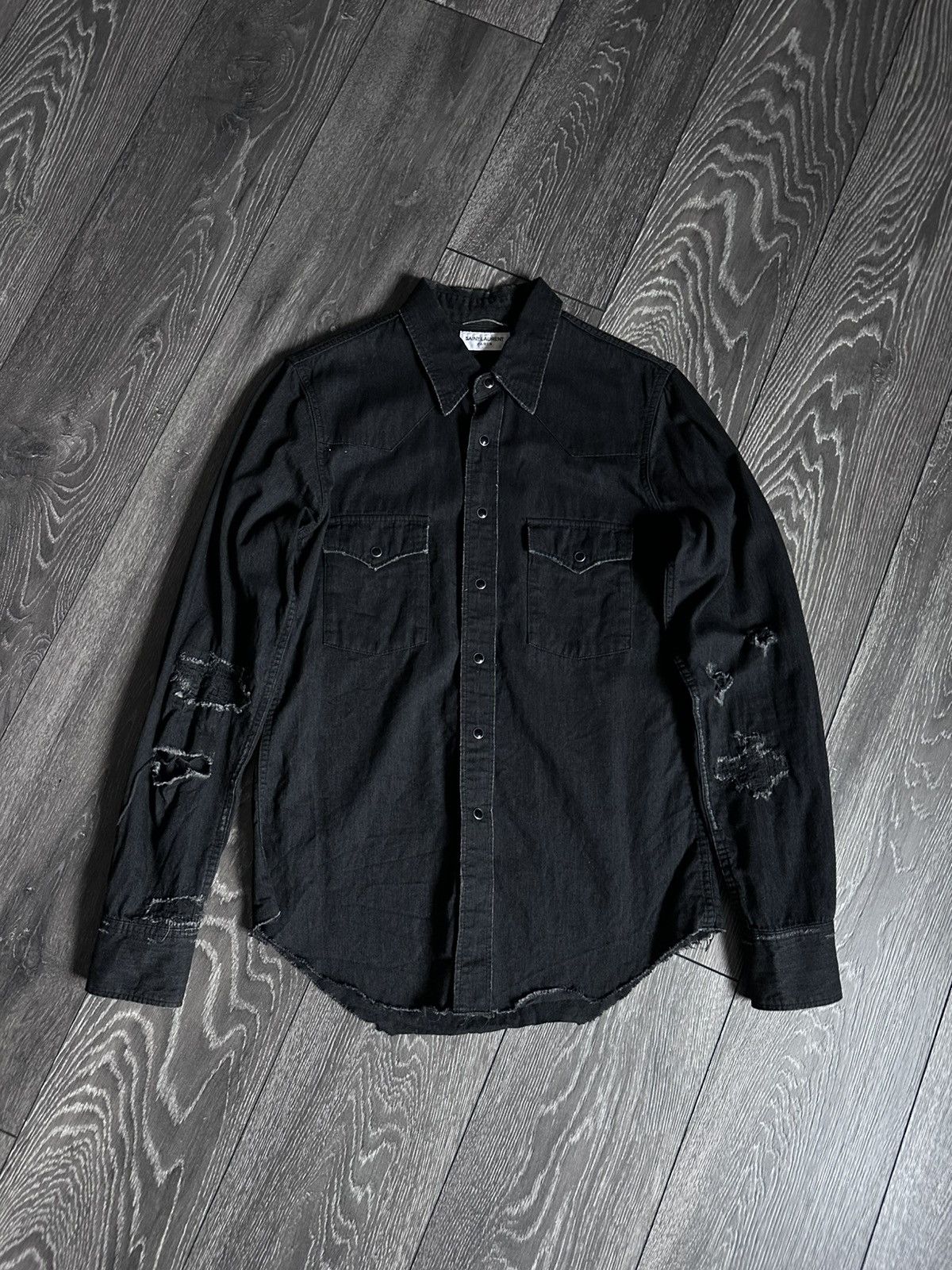 saint laurent paris ss16 distressed western denim shirt