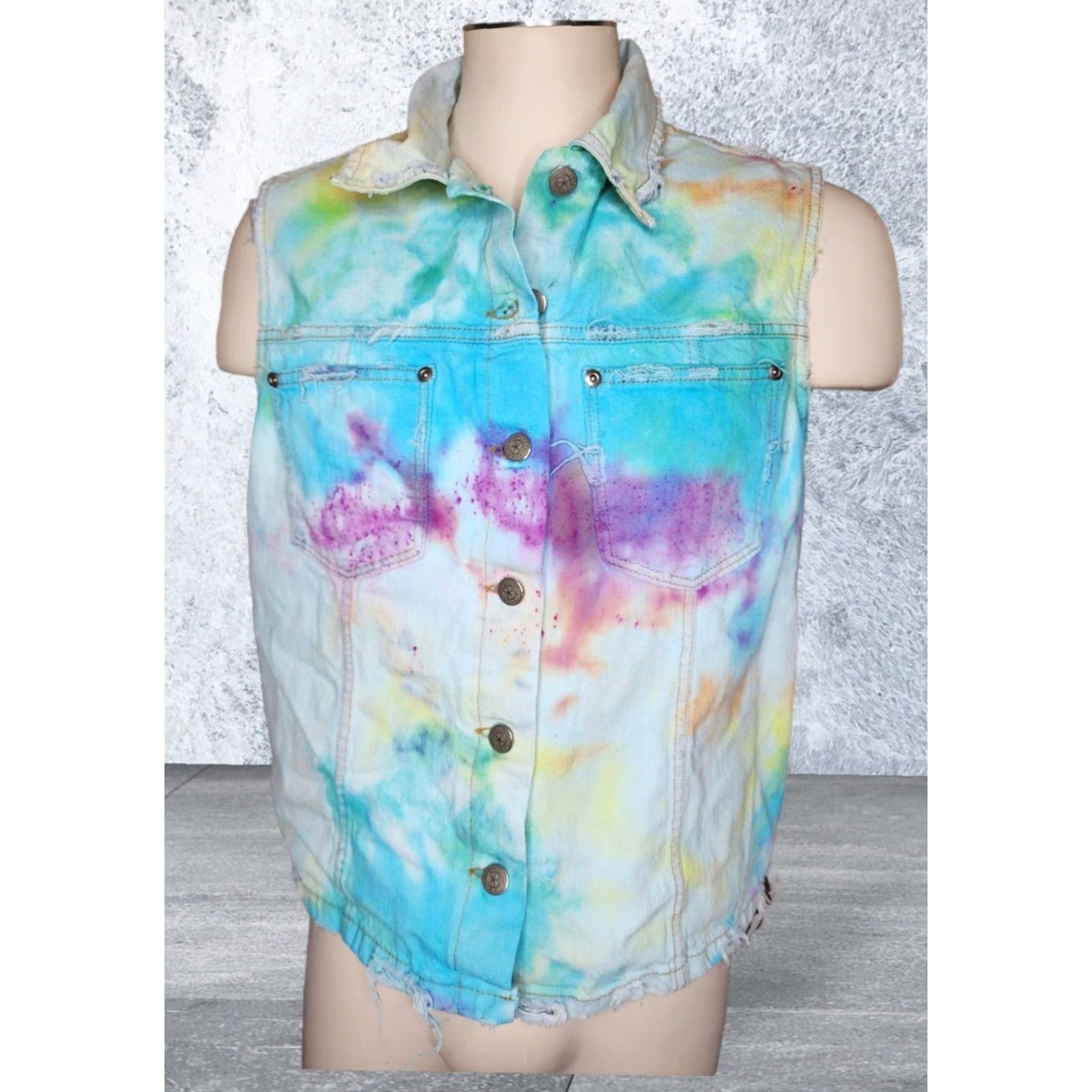 Denime Vintage Women's XL Upcycled Denim Vest Tie Dye Skull Rebirth Pride Halloween Boho Festival Unique Size 40" / US 18 - 2 Thumbnail