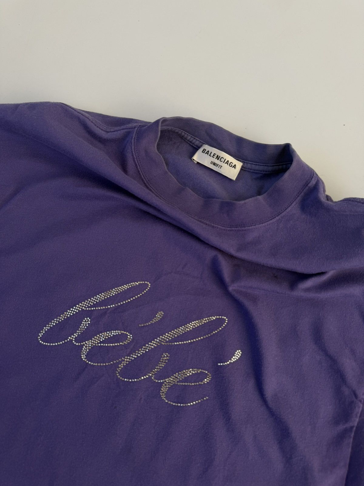 Balenciaga Balenciaga Rhinestone Bébé Worn-Out T-Shirt Purple Size US L / EU 52-54 / 3 - 4 Thumbnail