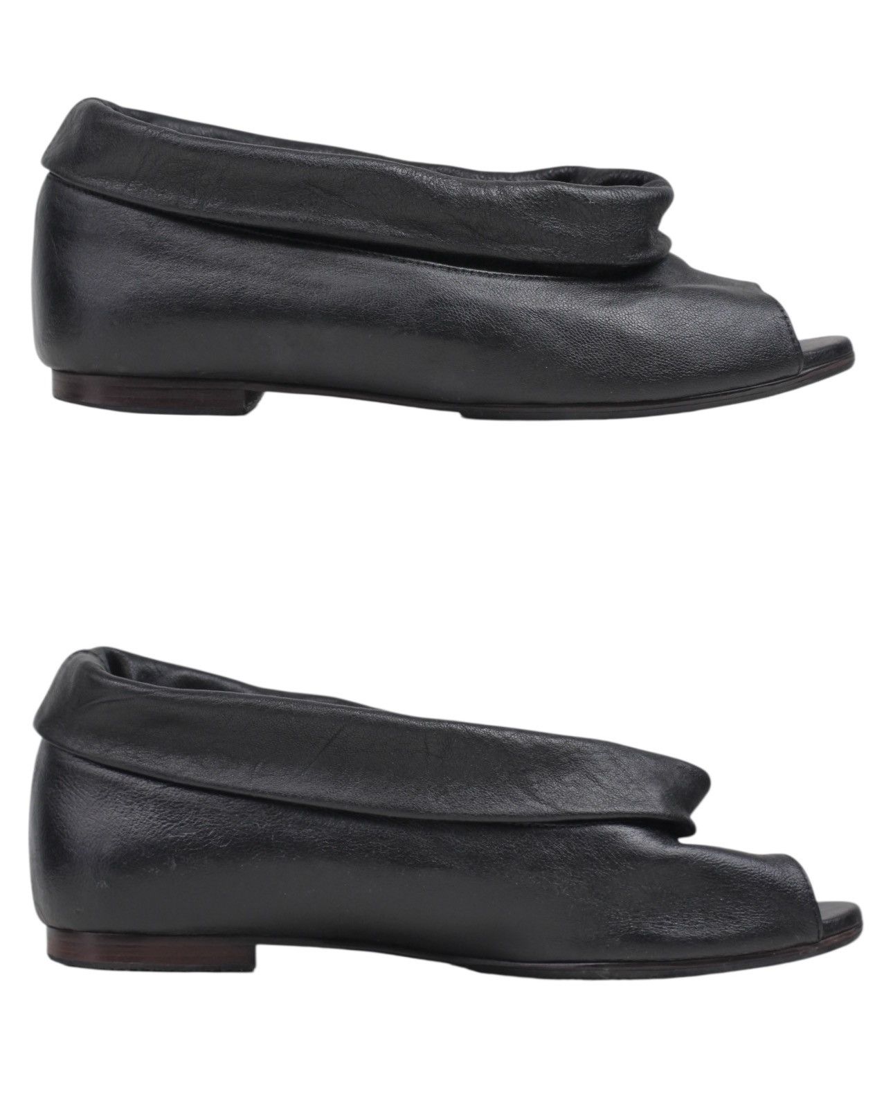 Japanese Brand 2000S BIRD SHOES PADDED-CUFF PEEP-TOE LEATHER SLIP-ON FLATS Size US 7.5 / IT 37.5 - 2 Thumbnail