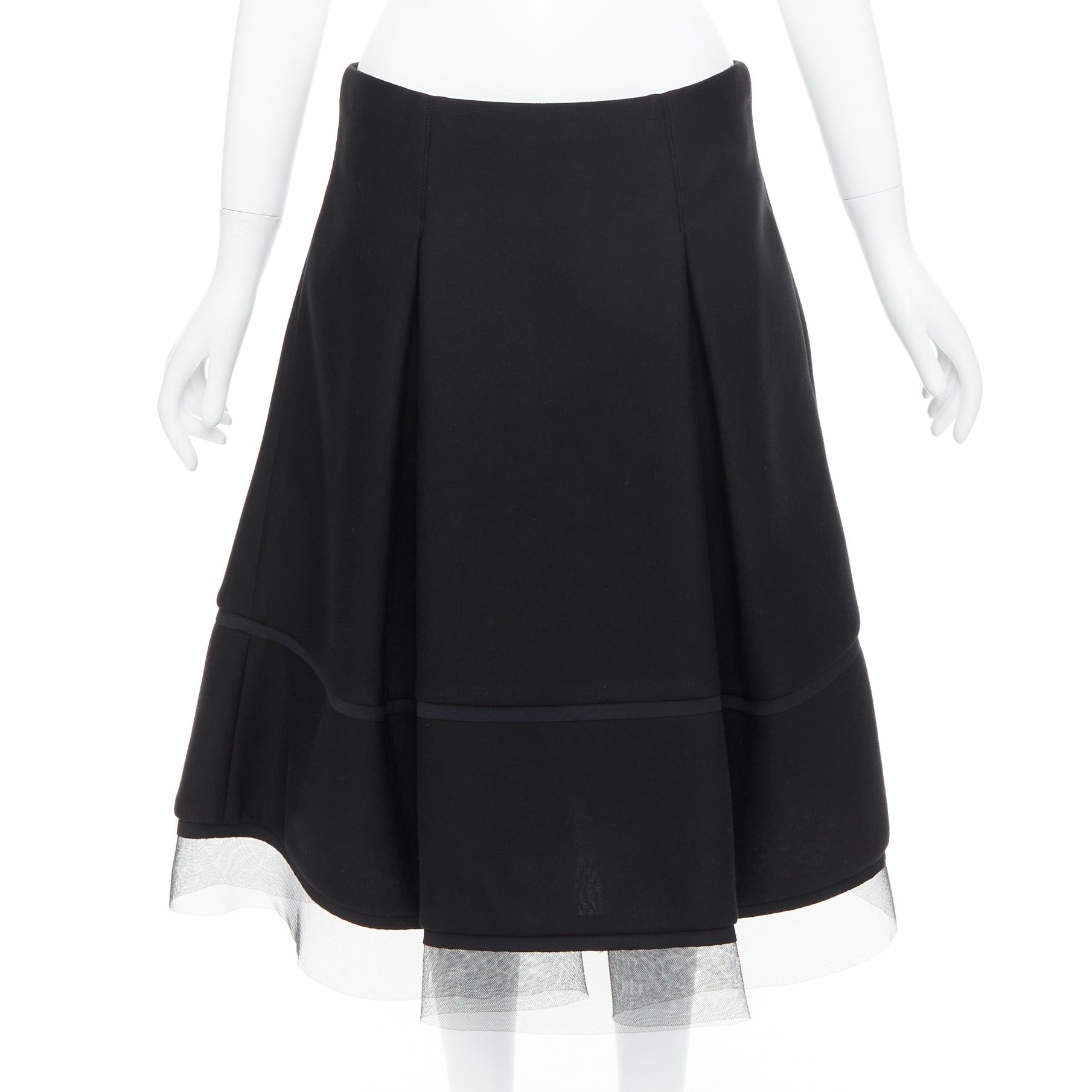 Donna Karan DONNA KARAN black scuba pleated tulle mesh trim A-line skirt FR40 L Size 30" / US 8 / IT 44 - 1 Thumbnail
