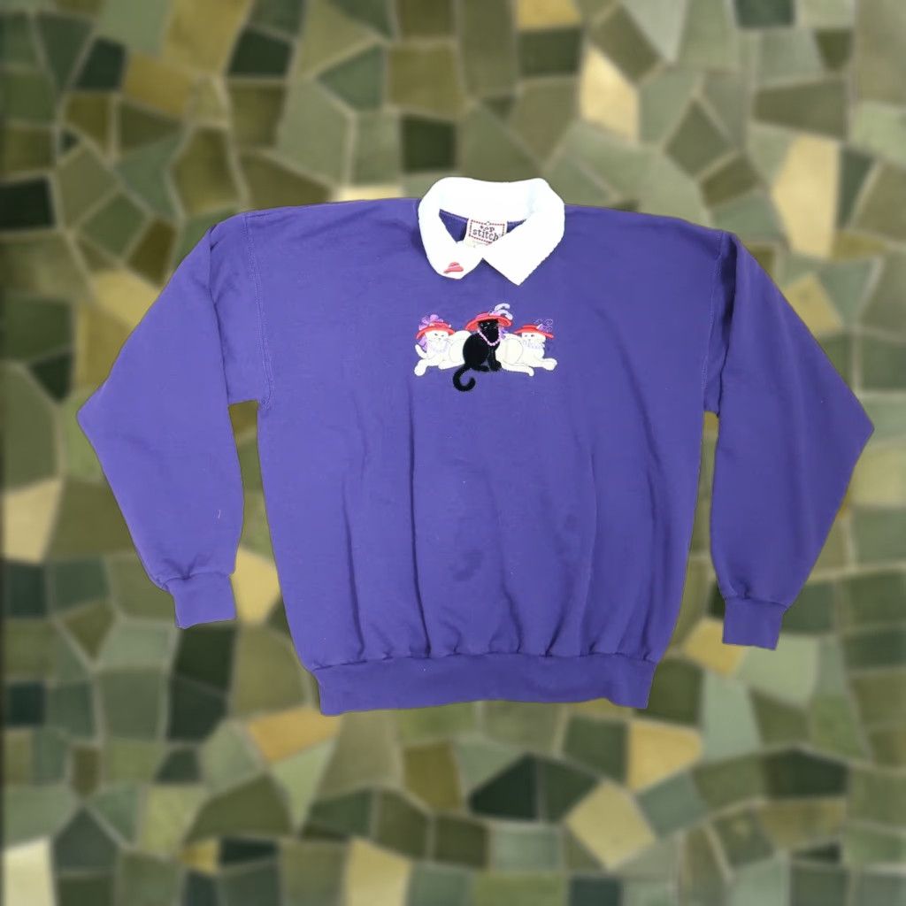 Vintage VINTAGE Morning Sun Sweatshirt Cat Embroidered Collared Purple L Women 90s Casual Pullover Long Sleeve Cotton / Polyester Size L / US 10 / IT 46 - 1 Thumbnail