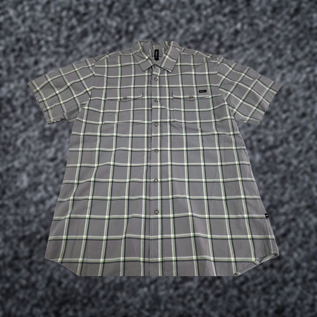 RVCA RVCA Mens Short Sleeve Snap Grey/Green Checkered Shirt Size Large Cotton #7791 Size US L / EU 52-54 / 3 - 1 Thumbnail