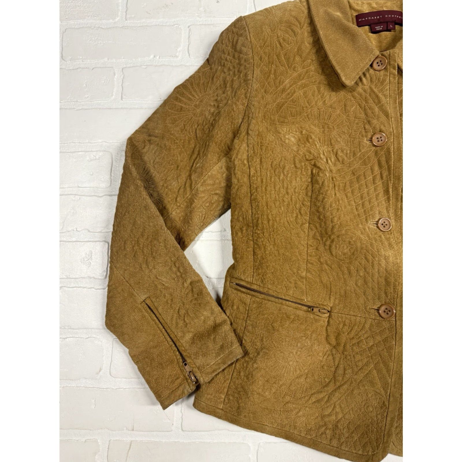 Vintage Margret Godfrey Leather Jacket Women’s L Tan Button Up Embroidered Geometric Jacket Size L / US 10 / IT 46 - 3 Thumbnail