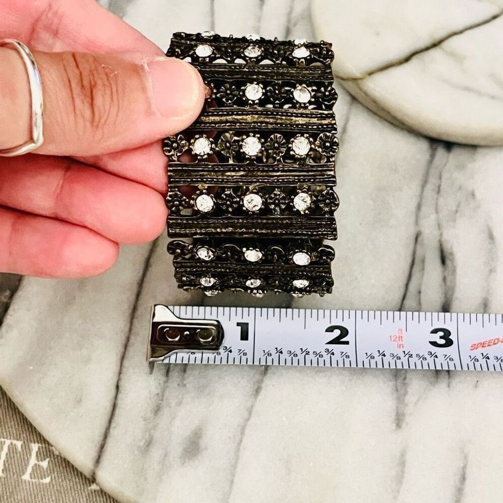 Vintage Antique Gold Toned Cuff Bracelet Clear Rhinestone Wide Size ONE SIZE - 8 Thumbnail