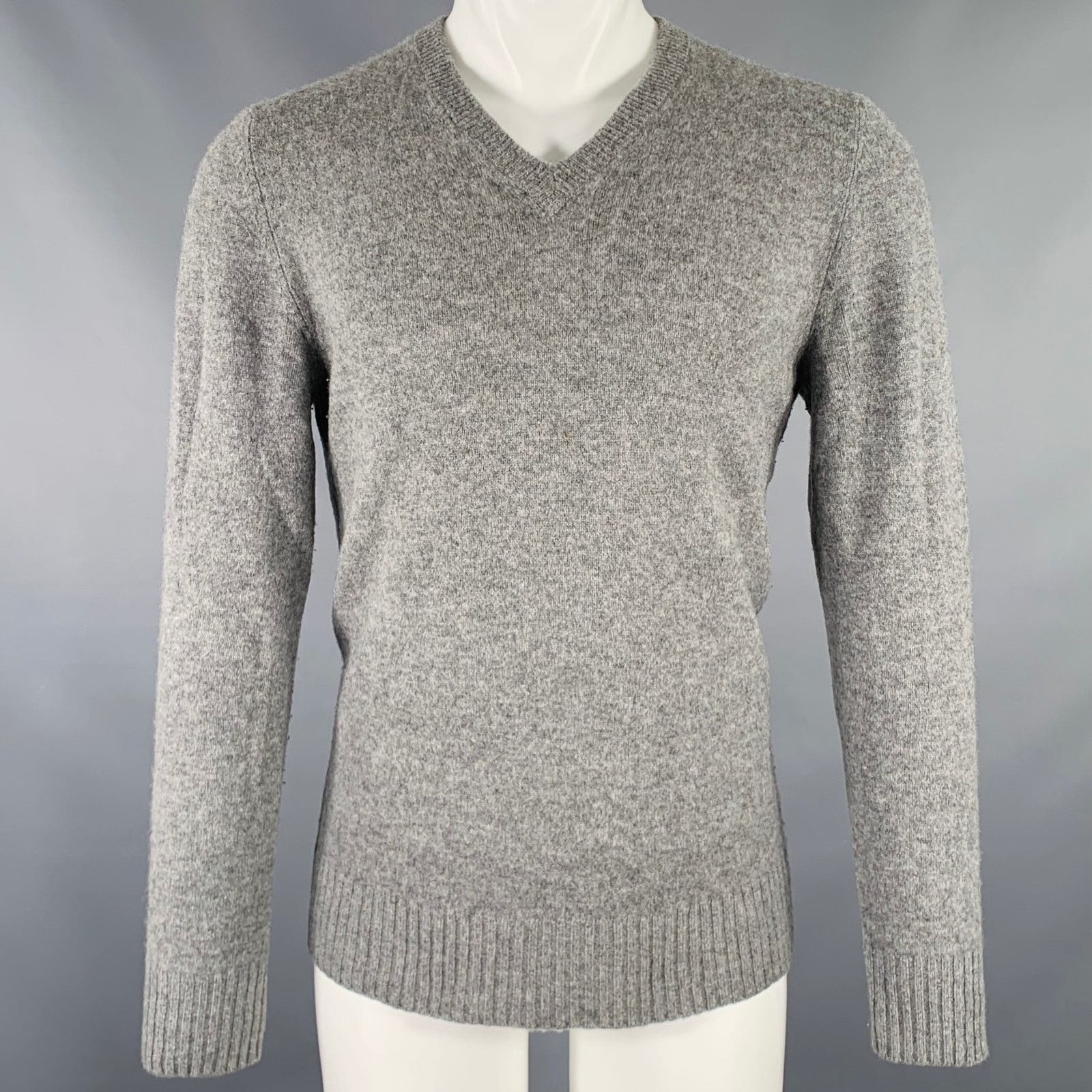 Size S Grey Heather Knit Wool Cashmere V-Neck Sweater