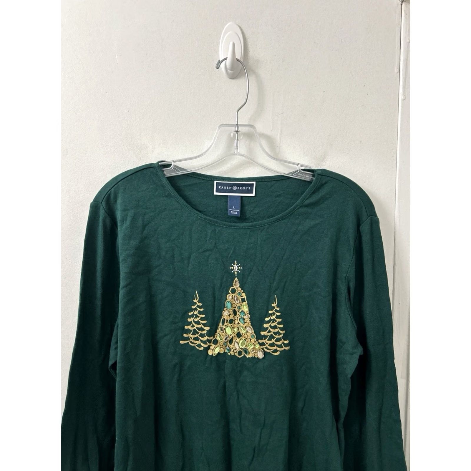 Vintage Karen Scott Womens L Green Christmas Tree Rhinestone Long Sleeve Shirt NWT Size L / US 10 / IT 46 - 2 Thumbnail