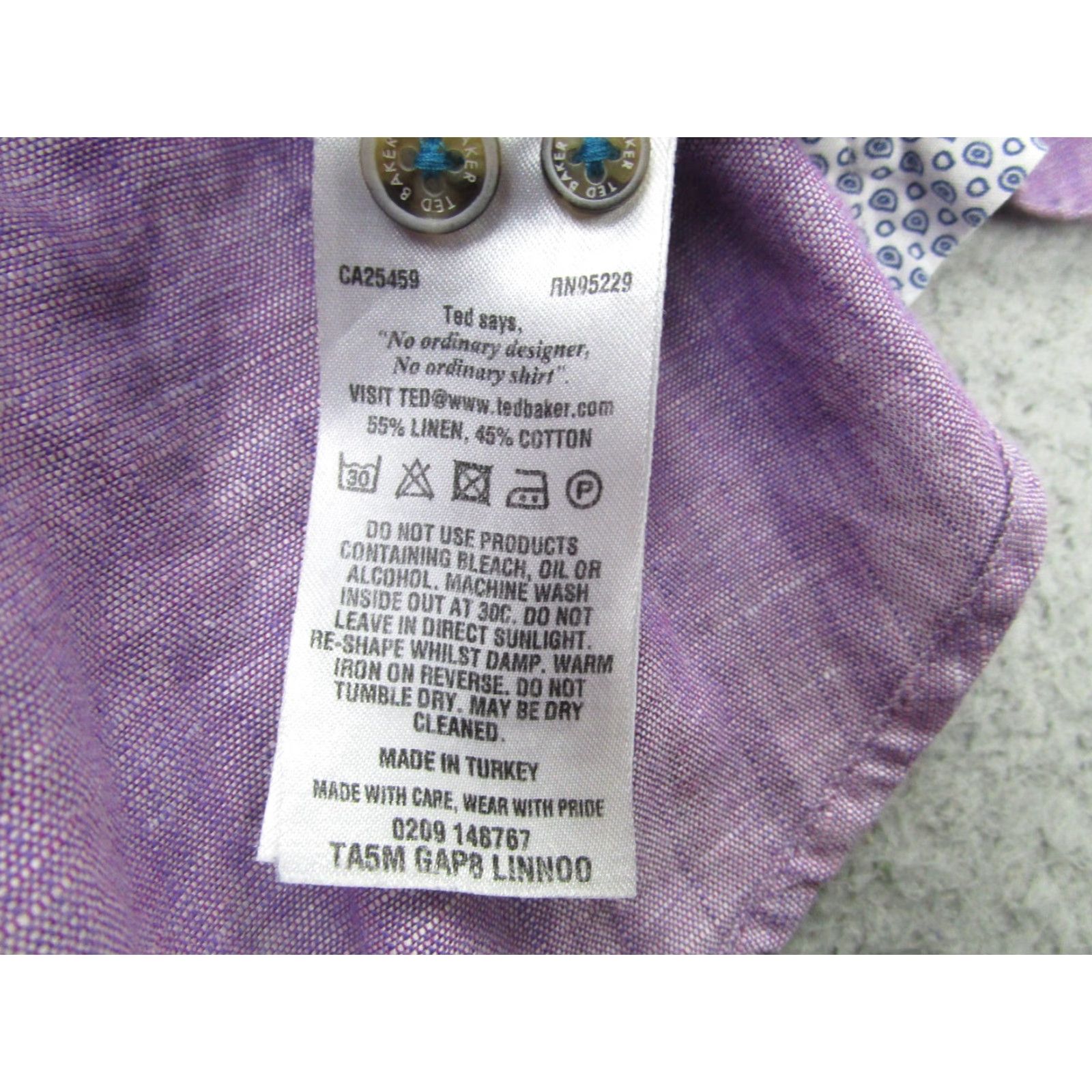 Ted Baker Ted Baker Shirt Mens XL Purple Linen Cotton Button Down Long Sleeve Printed Trim Size US L / EU 52-54 / 3 - 5 Thumbnail